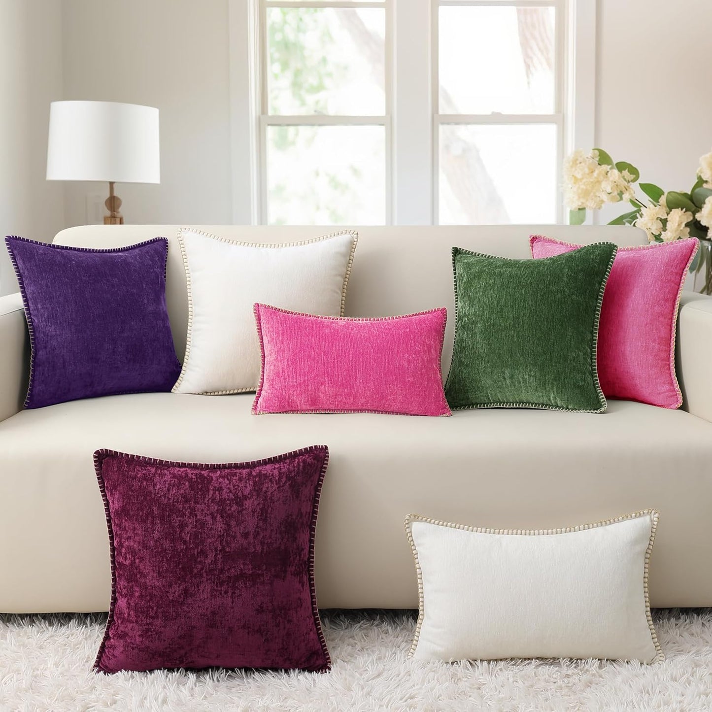 decorUhome Chenille Soft Throw Pillow Covers 20x20 Set of 2, Farmhouse Velvet Neutral Decorative Euro Pillow Covers with Stitched Edge for Couch Sofa Bed Home Decor, Hot Pink