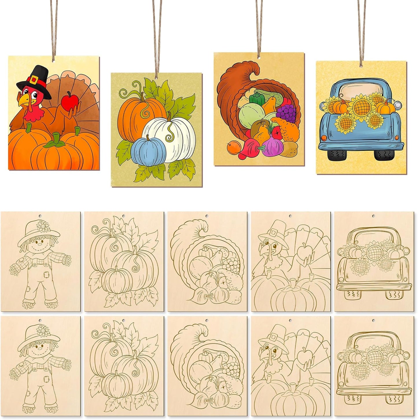 COCHIE 10PCS Large Thanksgiving Unfinished Wood Crafts to Paint for Adults Kids, Bulk Predrilled Wooden Ornaments for Painting, Pumpkin Scarecrow Paintable Wood Slices Craft Supplies with Ropes