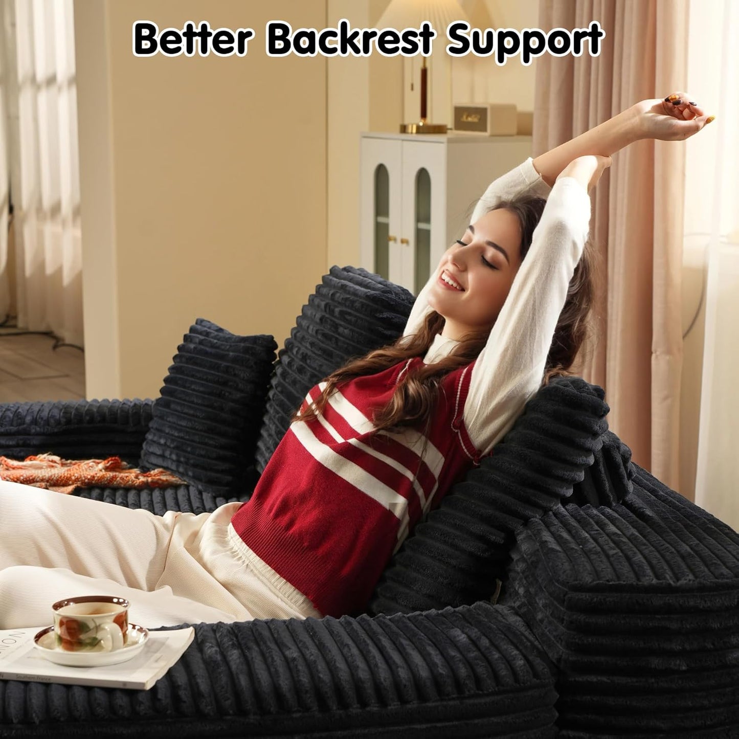 ovios 81" Oversized Sectional Double Lounge Chaise with Cloud Plush Sofa Bed, No Assembly Required, Fluffy Modern Sleeper Loveseat Chair for Indoor Living Room Bedroom Reading, Black (Plush Fabric)