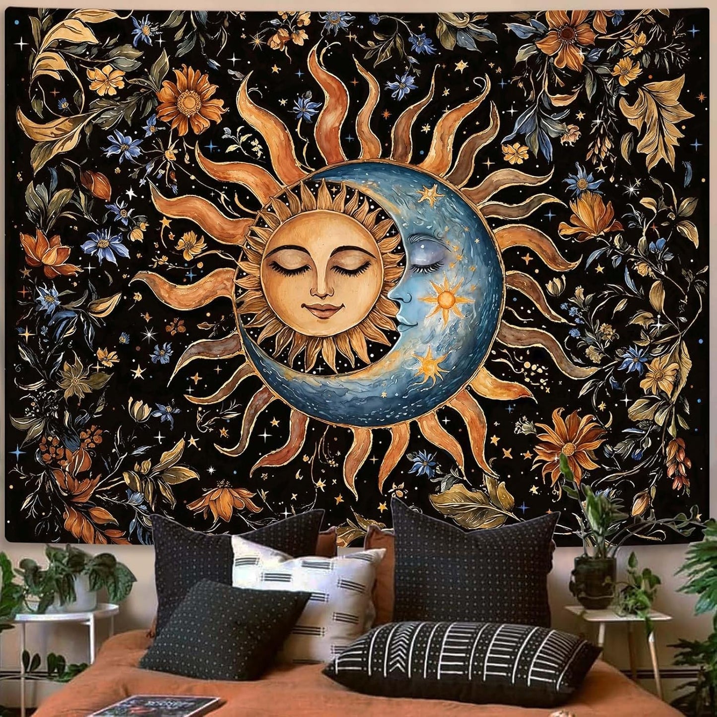 Aipon Sun and Moon Tapestry for Bedroom Boho Vintage Floral Hippie Wall Tapestry Aesthetic Retro Flower Plant Small Tapestries Wall Hanging for Living Room Dorm Decor 60 x 44 Inch