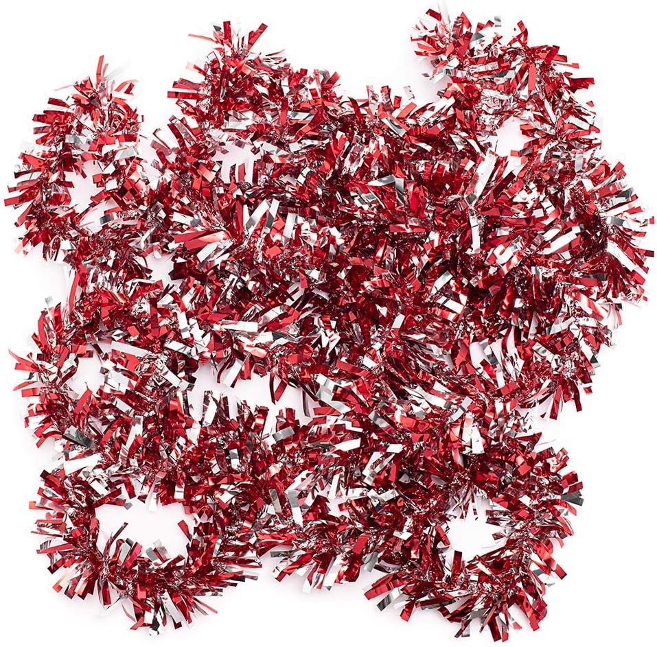 Anderson's Red & Silver Metallic Tinsel Twist for Trailer Or Golf Cart, 4 inches Wide x 25 ft Long, Graduation, Christmas, Birthday, Patriotic and Holiday Garland Decor for Parties and Parades