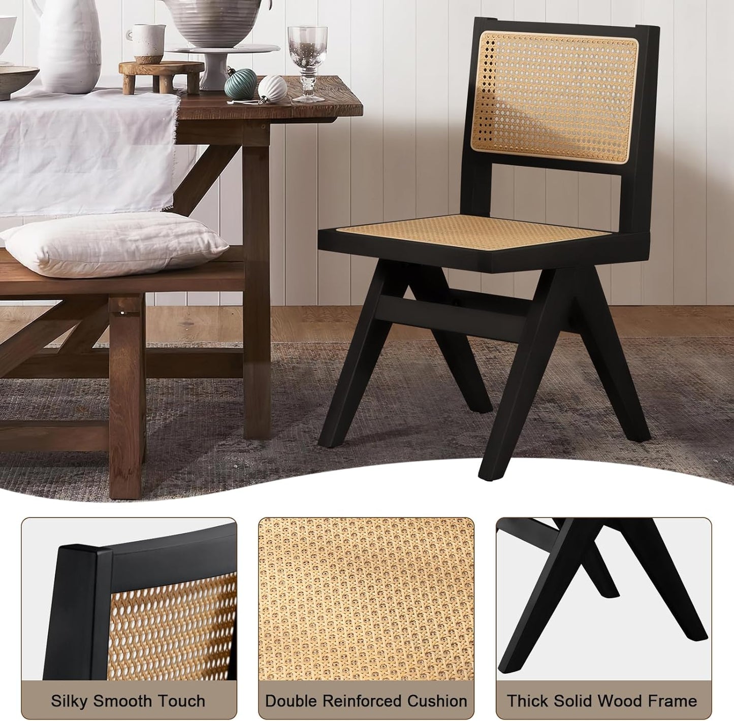 Black Cane Dining Chairs Set of 6, Armless Rattan Kitchen Chairs for Dining Room