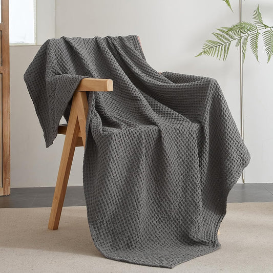 PHF Ultra Soft Waffle Weave Throw Blanket 50"x 60"- Washed Lightweight Breathable Cozy Woven Blanket for Bed - Aesthetic Decor for Couch Bedding Sofa Home Car - Grey