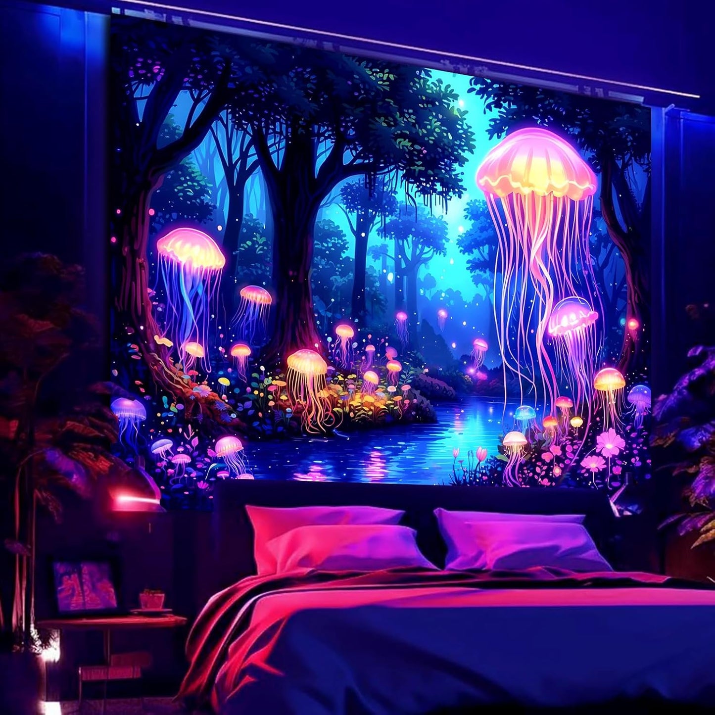 Manicer Blacklight Jellyfish Forest Tapestry – UV Reactive Fantasy Underwater Jellyfish in Enchanted Forest, Glow in the Dark Neon Nature Art Wall Hanging for Bedroom, Living Room – 51.2" x 59.1"