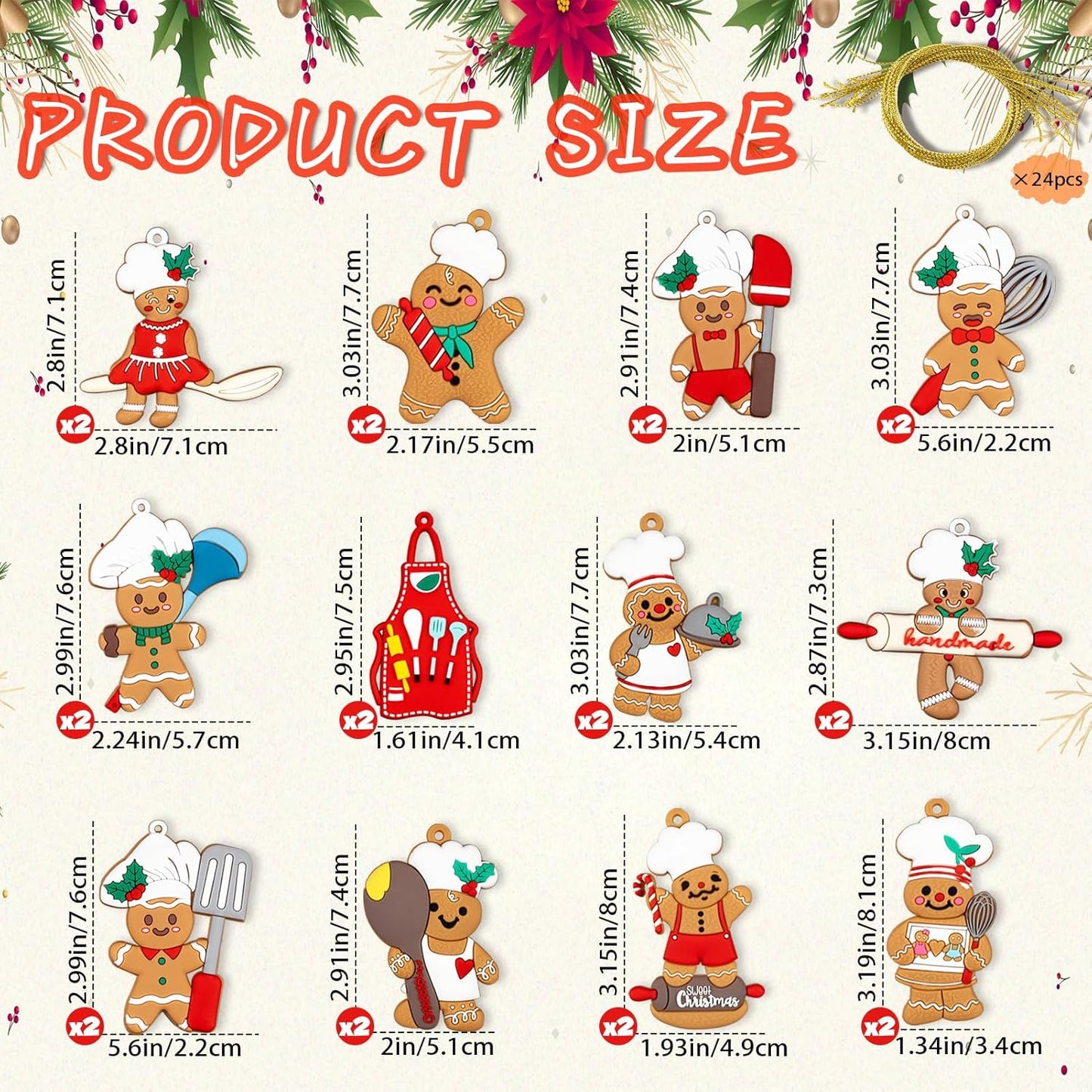 24pcs Gingerbread Christmas Decoration for Tree - Cooking Gingerbread Man Ornaments Christmas Hanging Decor for Christmas Tree Home Kitchen Decor Party Supplies