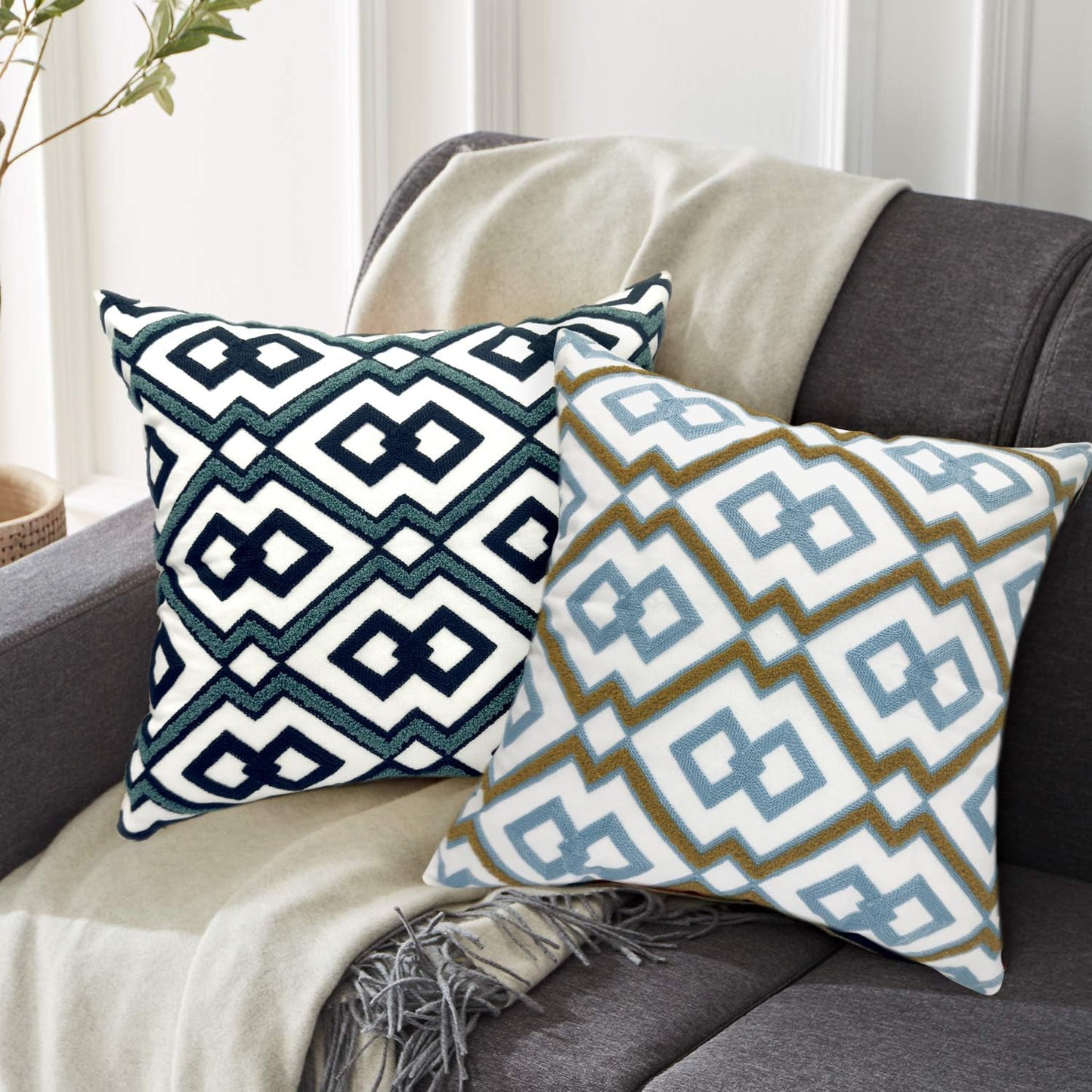 Alysheer Embroidered Decorative Throw Pillow Cover 18"x 18" Set of 2, Classic Boho Geometric Embroidery Pattern Cotton Rectangular Cushion Case for Sofa Couch Living Room Bedroom (Blue Khaki)