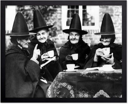 Poster Master Classic Photograph Poster - Vintage Halloween Print - Gift for Artist, Friend - Witches Tea Party, Old Women Smiling, Wearing Robes - Wall Decor for Living Room, 8x10 Black Framed