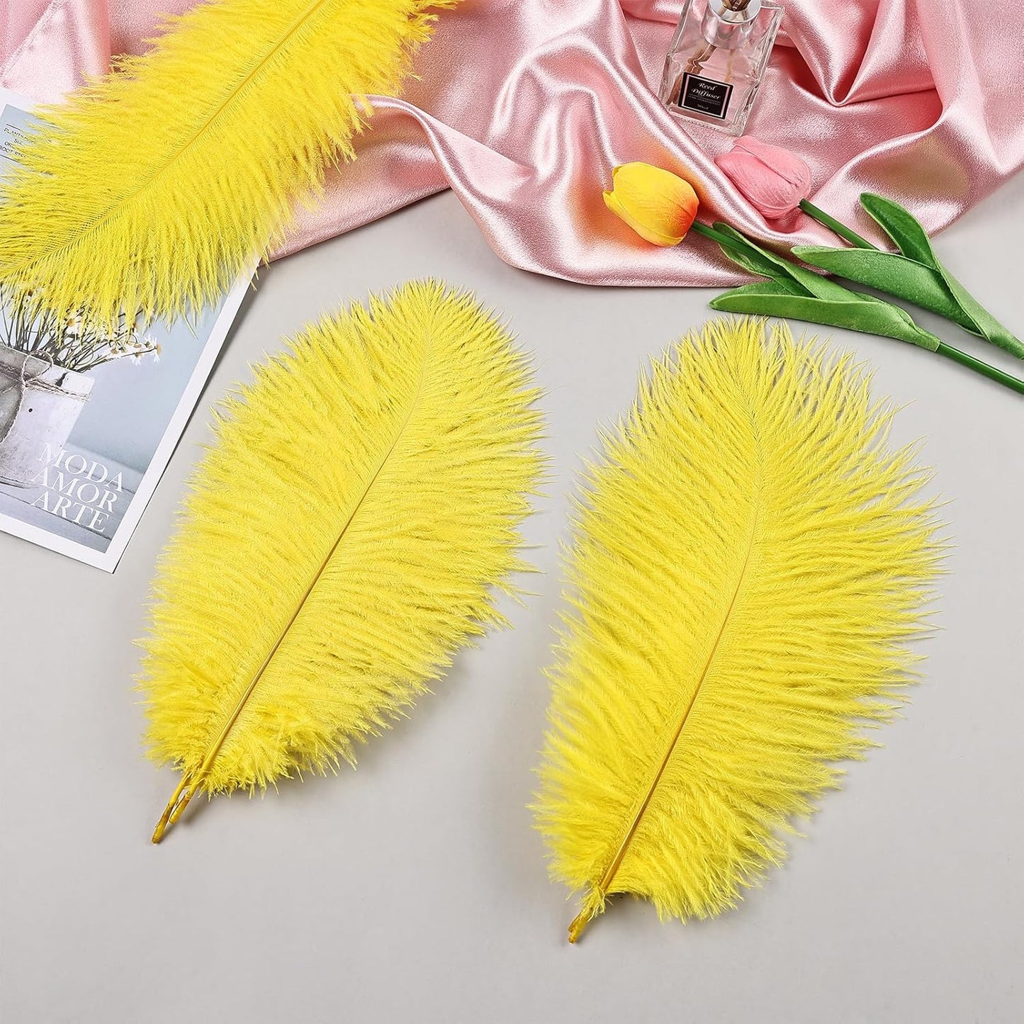 THARAHT Yellow Ostrich Feathers 12pcs Natural Bulk 8-10Inch 20cm-25cm for Crafts Wedding Party Centerpieces Halloween and Home Decoration Feathers