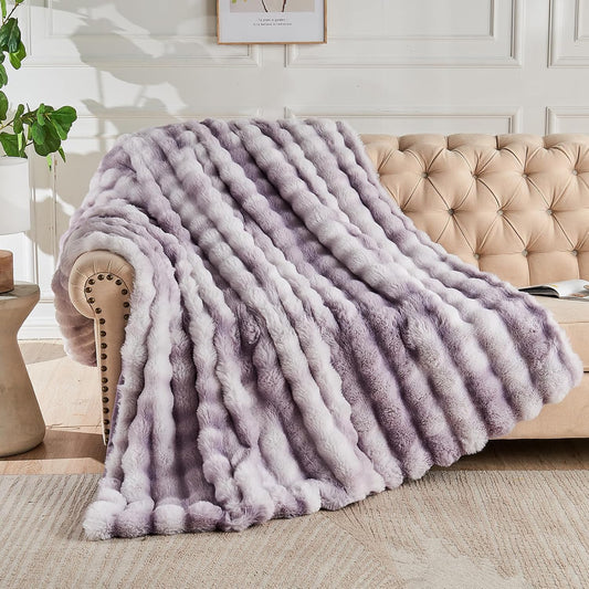 Lotus Karen Faux Fur Throw Blanket Tie-Dye Purple - Big Bubble Rabbit Fluff Blanket for Couch, Large Fluffy Fuzzy Cozy Blanket,Thick Furry Plush Shaggy Blankets,108x90 Inches
