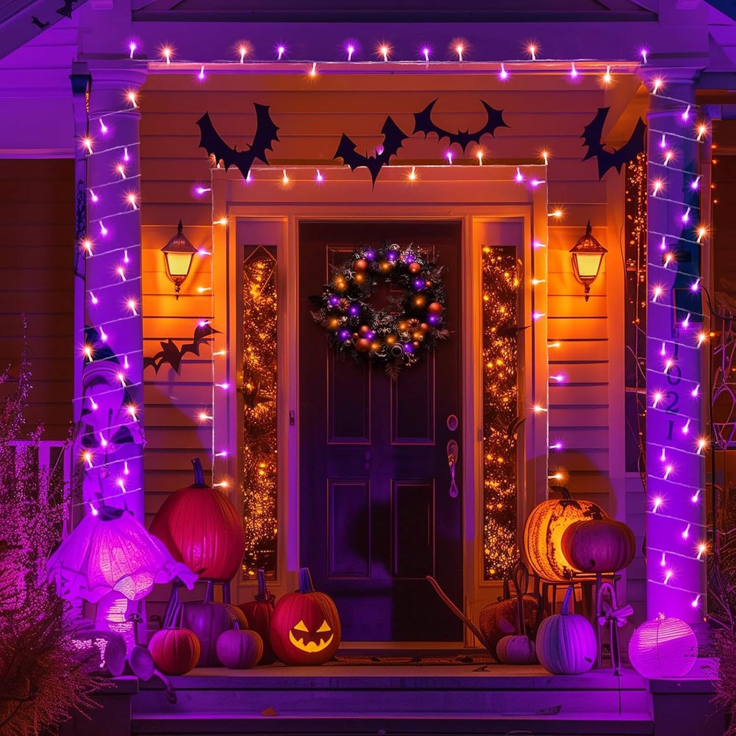 400 LED Halloween String Lights Outdoor, 131 FT Halloween Lights Outdoor Clear Wire with 8 Modes, Plug in Waterproof Christmas Light for Tree Party Christmas Thanksgiving Decorations, Purple&Orange