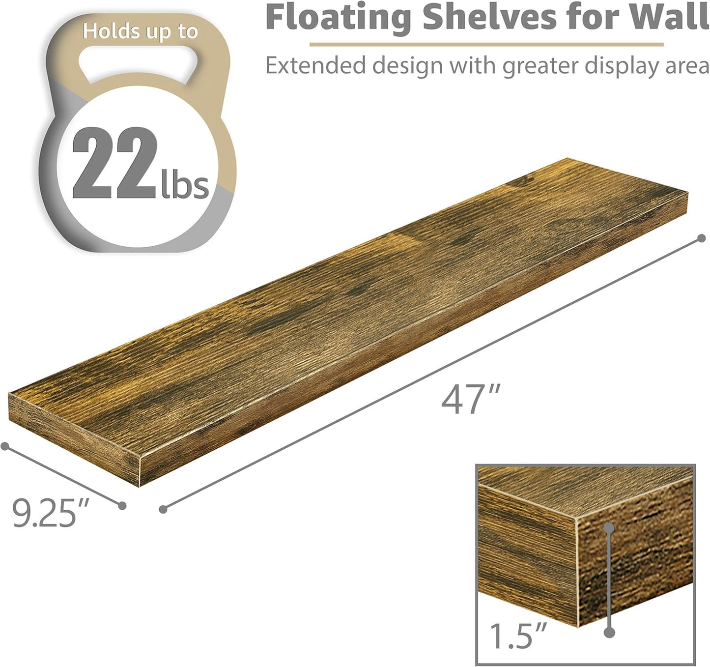 Sorbus Floating Shelves for Wall - 48 Inch Long Bathroom Shelves, Wall Decor for Bedroom, Kitchen, Living Room & Book Storage - Mounted Floating Shelf with Invisible Brackets (Rustic Brown, 3 Pack)