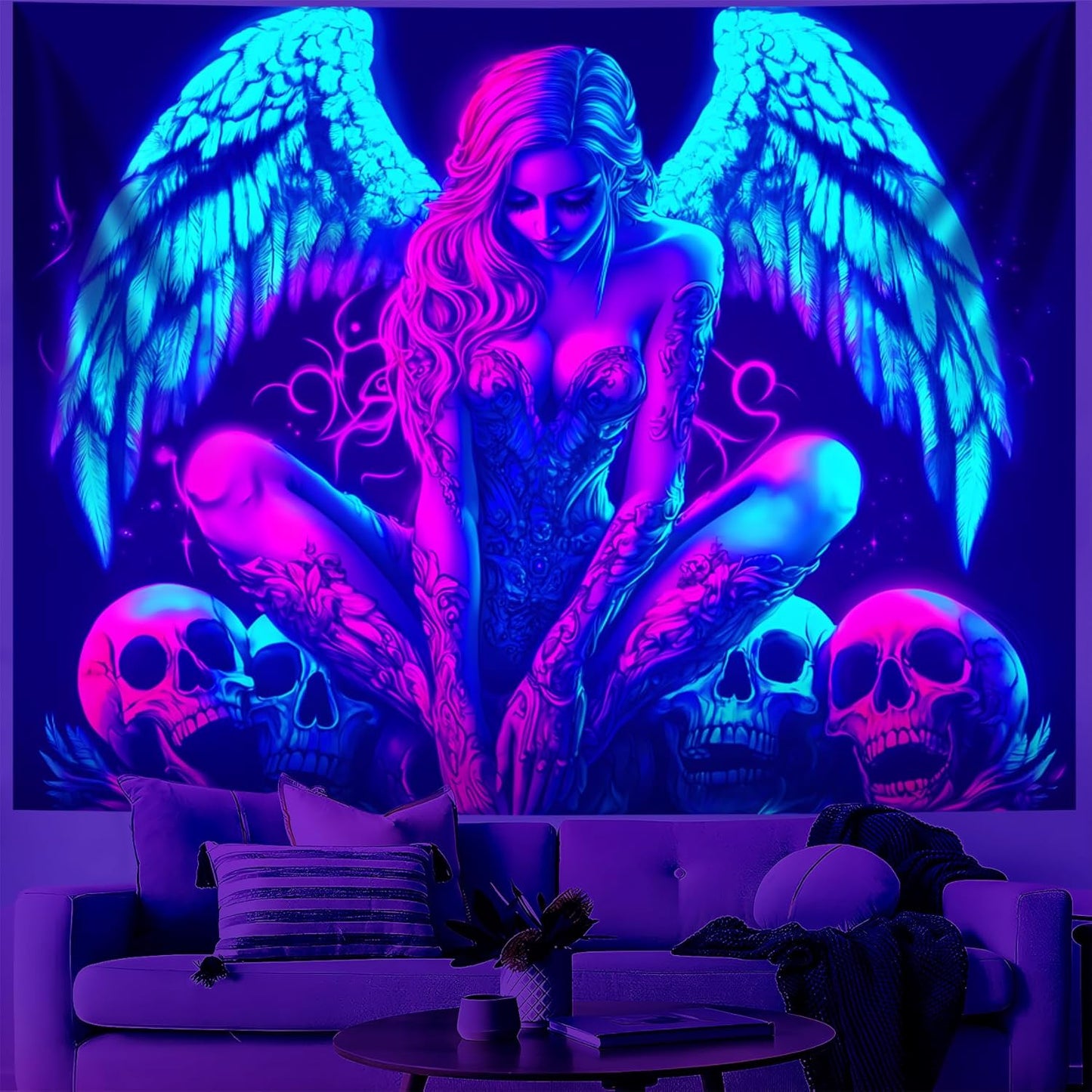 Blacklight Tapestry,WingTapestry Glow In The Dark,UV Reactive Black Light Upright Posters Wall Hanging for Bedroom Dorm Living Room Backdrop Decor (wing15, 59L" x 51W")