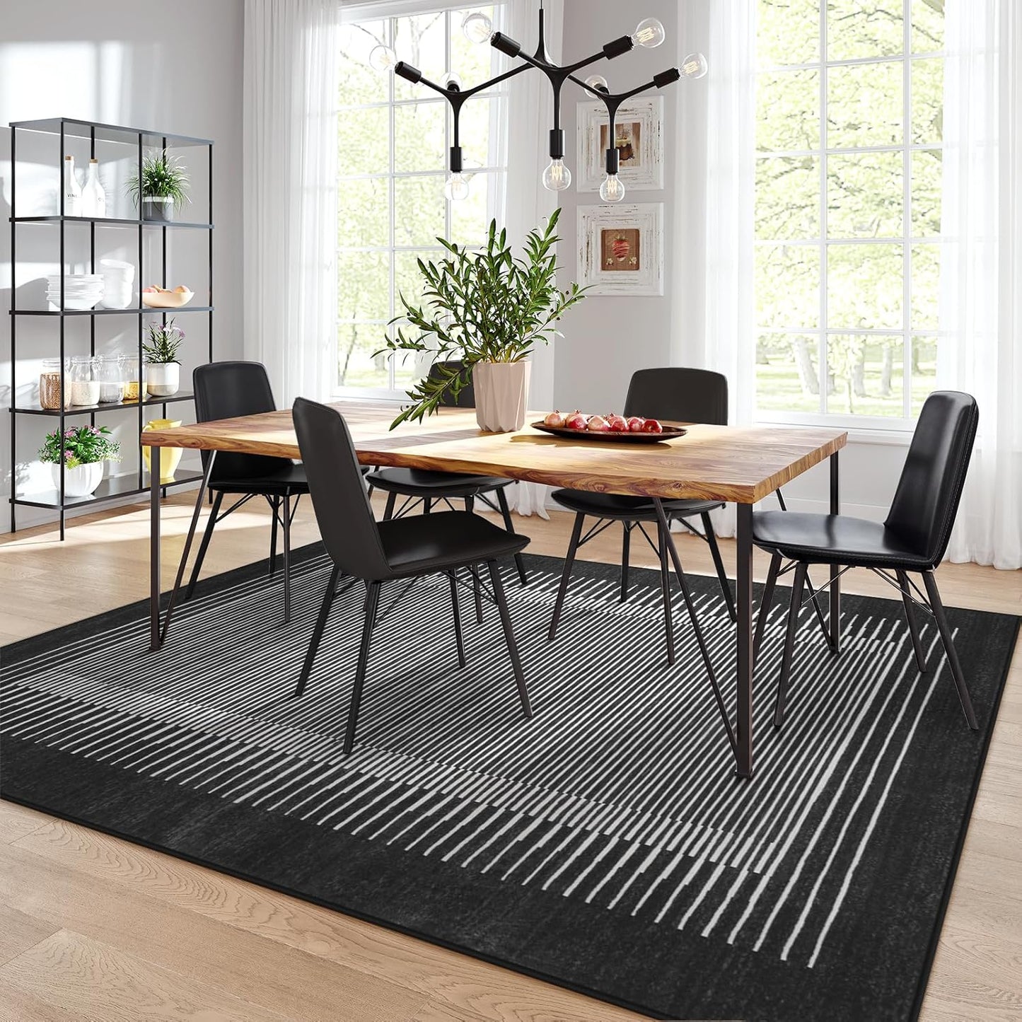 Wonnitar Striped Black Area Rugs 9x12 Living Room, Non-Slip Soft Berber Stripe Bedroom Rug, Low Pile Minimalist Floor Carpet for Dining Room Living Room Department (Black,9' x 12')