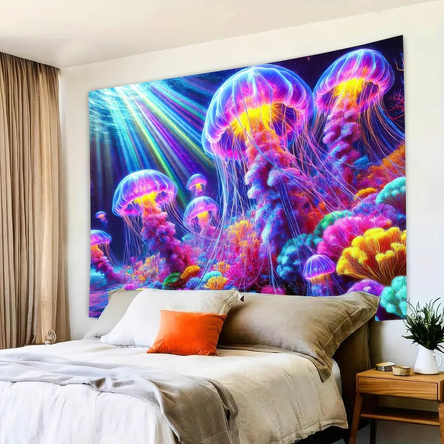 BlissYard Black Light Tapestry UV Reactive Tapestry Glow Tapestry Blacklight Tapestry 78x59 Inches Neon Jellyfish Wall Hanging, Fluorescent Art Decoration with Colorful Sea Life, Oceanic Theme