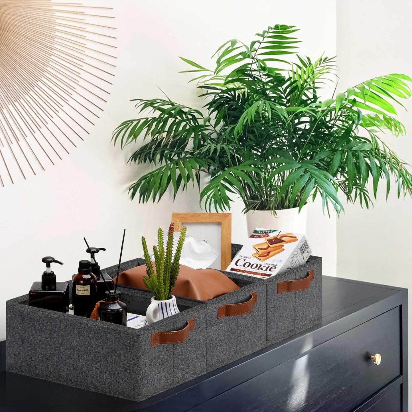 GhvyenntteS Small Fabric Storage Bins 6 Pack, 11.8" x 7.87" x 5.11" Storage Basket with Leather Handles, Closet Storage Bins for Shelves, Storage Baskets for Shelves, DVD Storage (Grey)