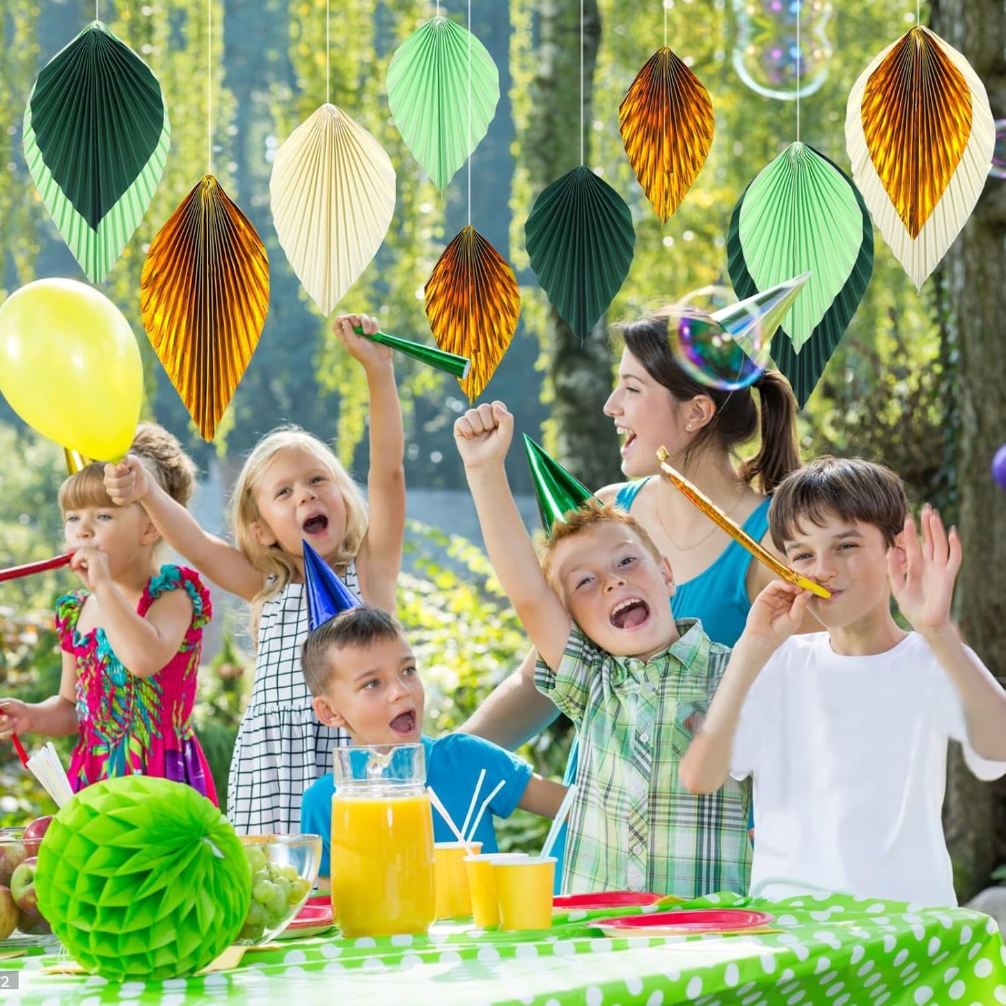ADLKGG Green Gold Hanging Paper Leaves Wall Backdrop Decor, Paper Palm Leaves Fan Party Decorations for Forest Birthday Party Tropical Jungle Theme Classroom Decor, 12pcs