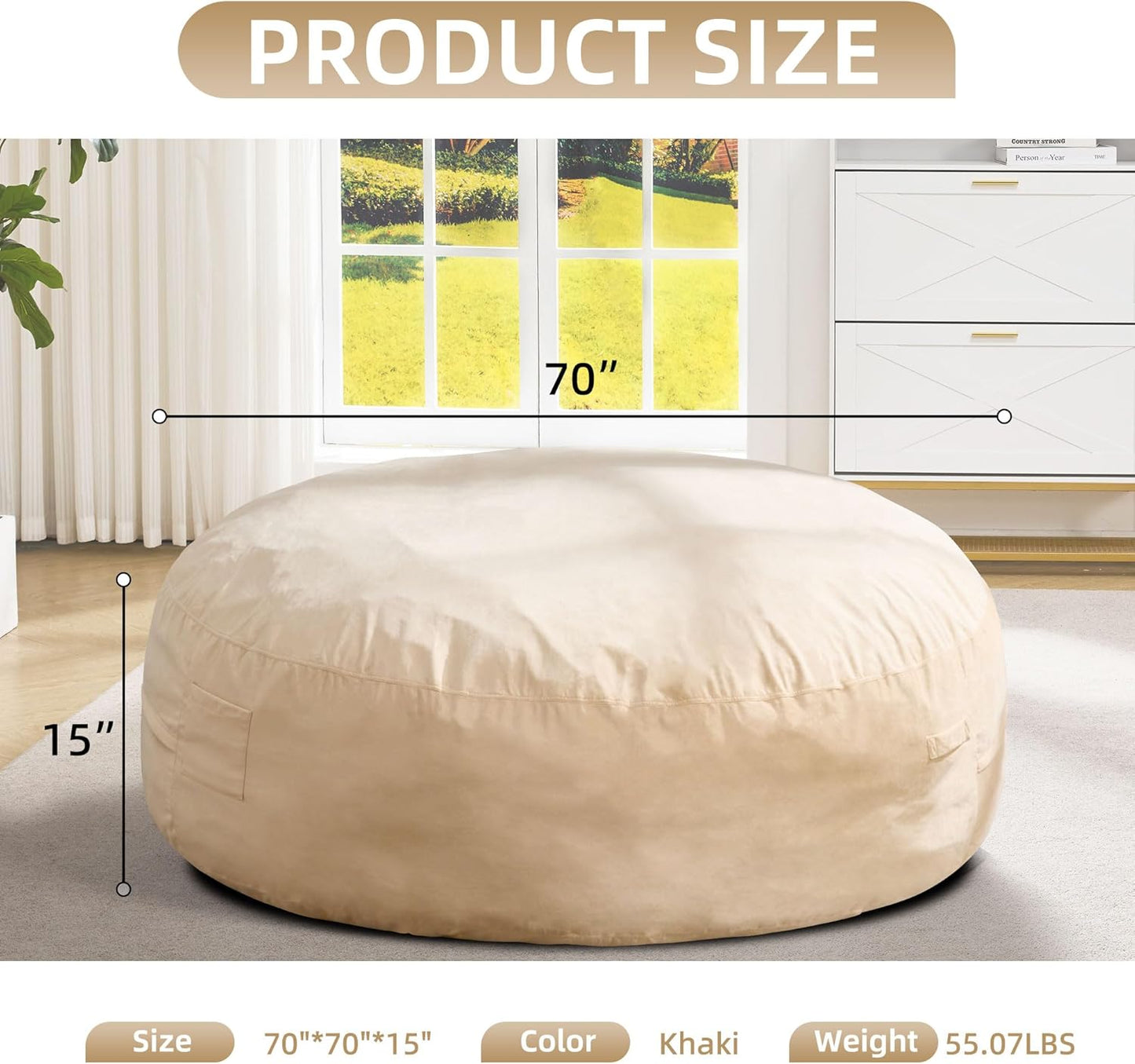 Hobestluk 6FT Bean Bag Chair Bean Bag Chairs for Adults Giant Bean Chairs with Velvet Cover, Memory Foam BeanBag Chair Fluffy BeanBag Chairs for Living Room, Bedroom- Khaki (70" x 70" x 15")