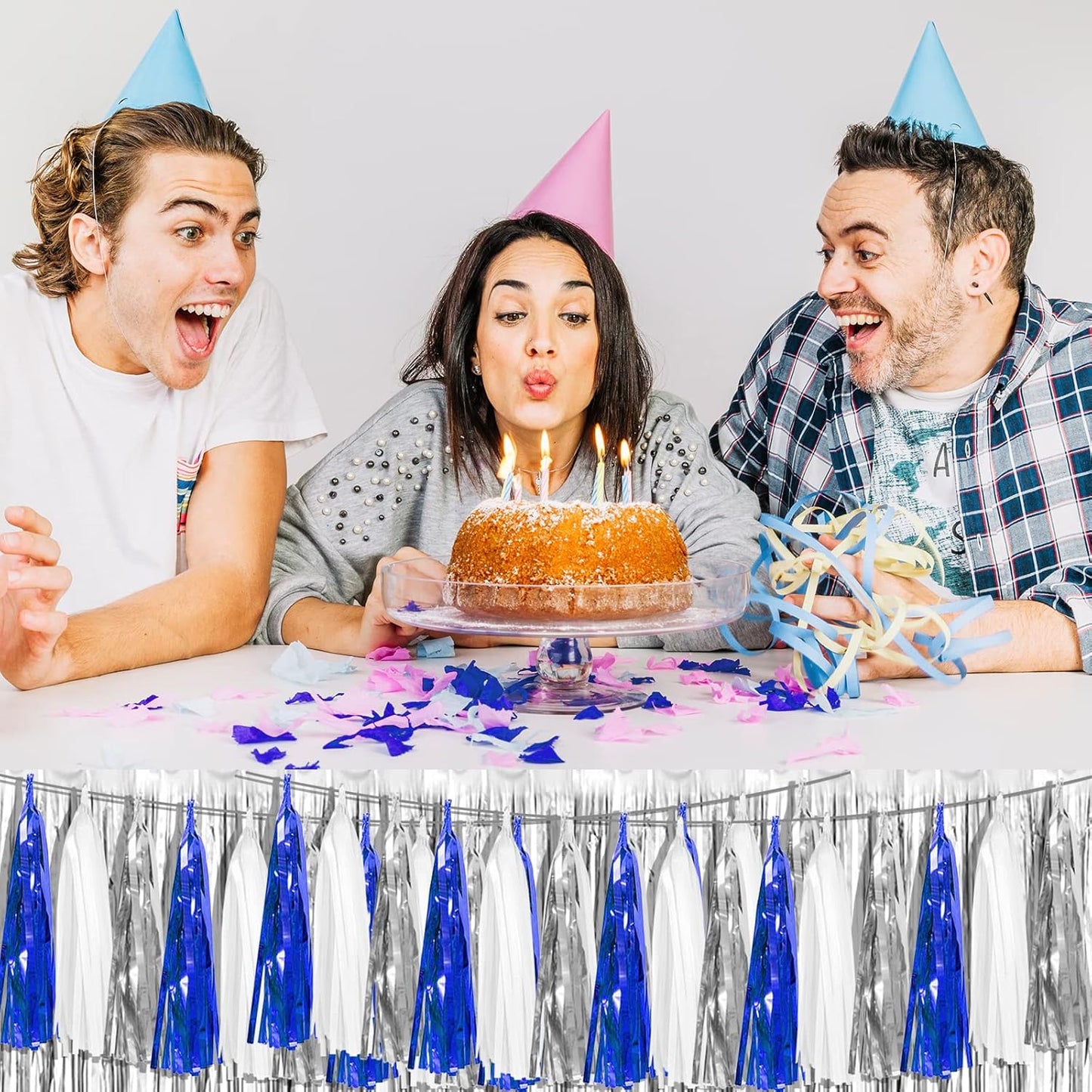 4P Navy-Blue White-Silver Foil Fringe Metallic Tassel Garland Banner, Tassels Banner Streamers for Parade Floats, Bachelorette, Wedding, Birthday, Halloween, Bridal/Baby Shower Party Decorations