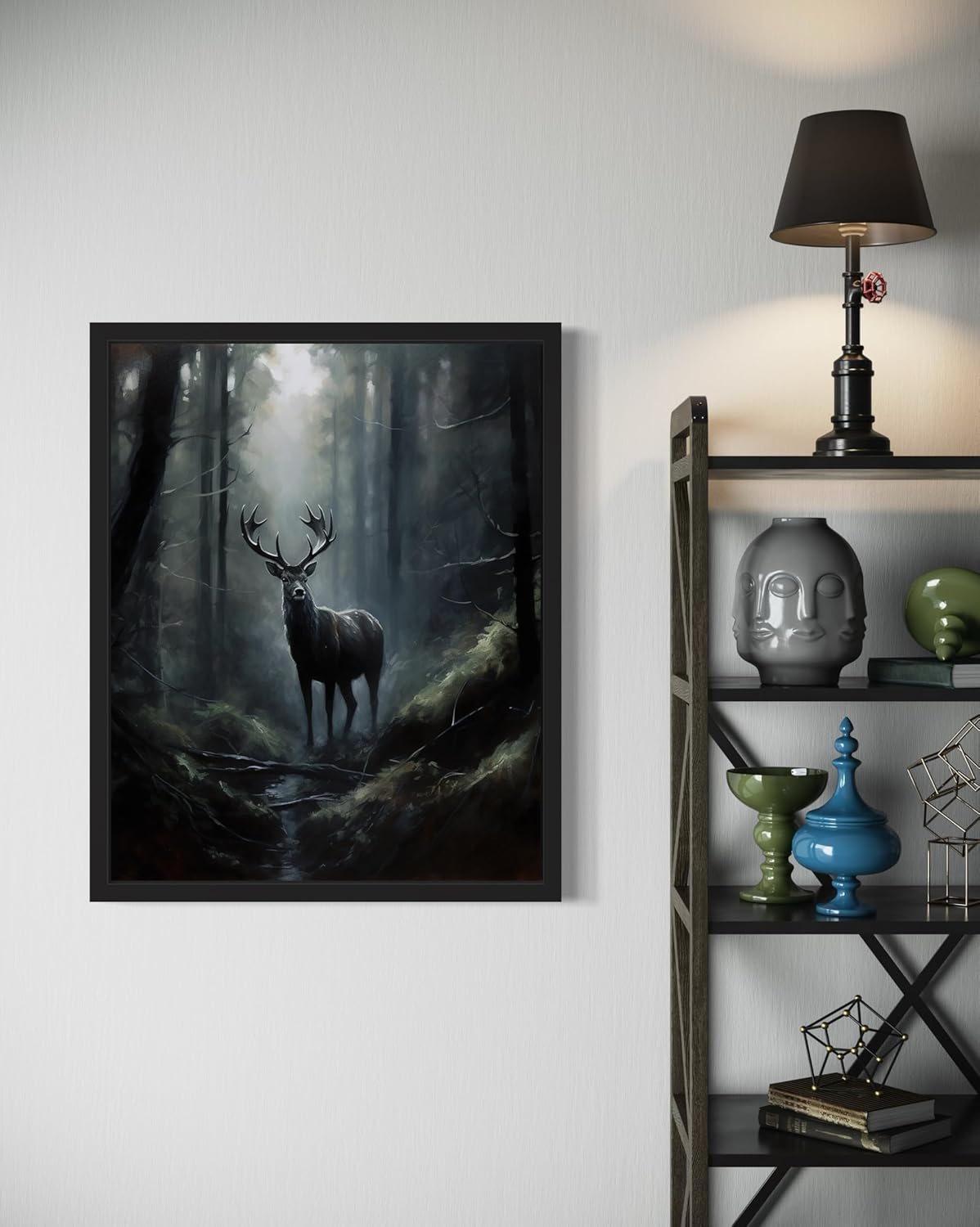 Deer in Forest Poster Art Print, Halloween Scary Vintage Wall Art Academia Spooky Painting Decoration for Horror Prints, Gothic Posters Bedroom Decor 89 (Deer in Forest, 16 x 20 inches, Black Frame)
