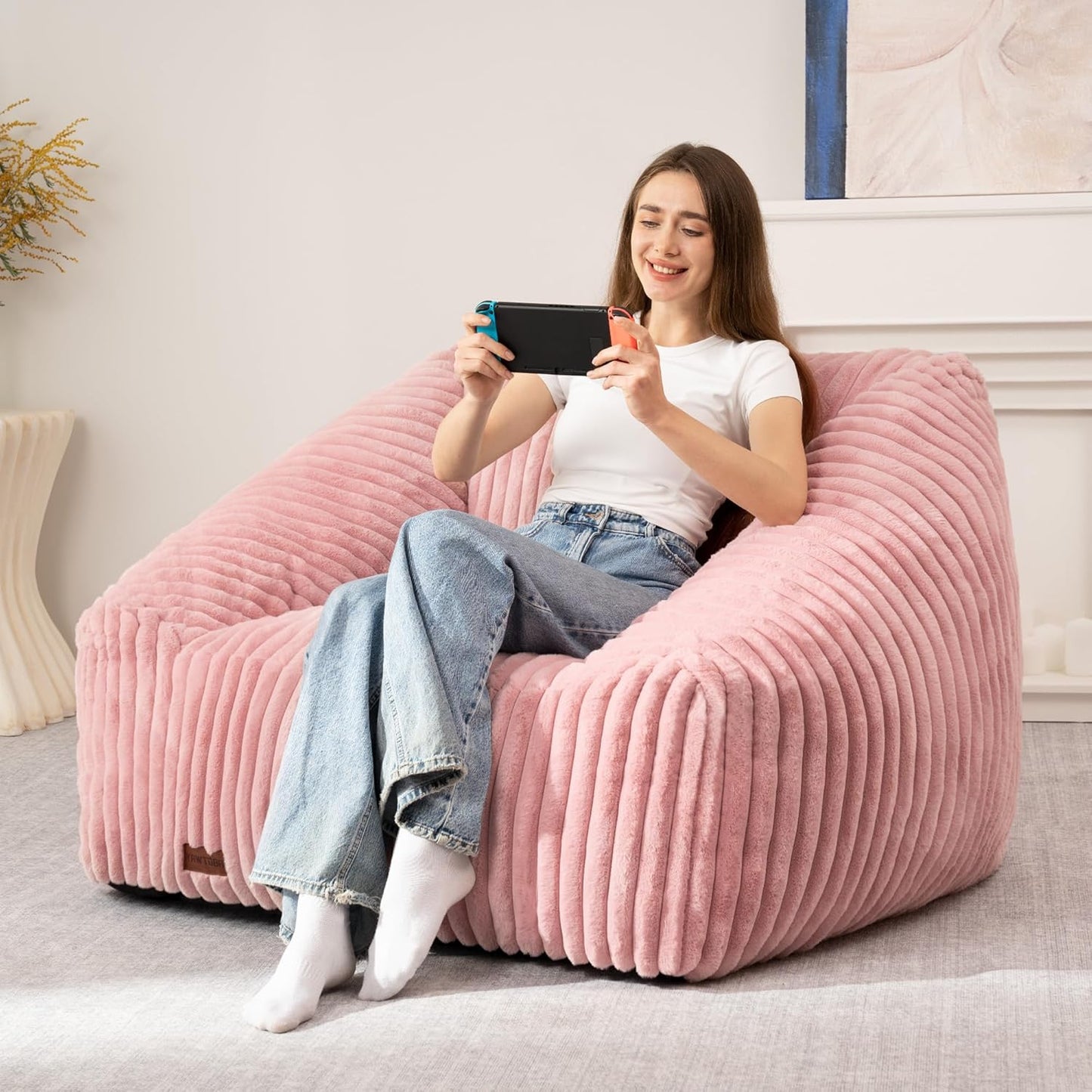HABUTWAY Bean Bag Chair, Giant Bean Bag Chairs for Adults and Kids, Bean Bag Sofa, Lazy Floor Sofa, Faux Fur Beanbag Chair with Armrests for Living Room Bedroom (Pink)