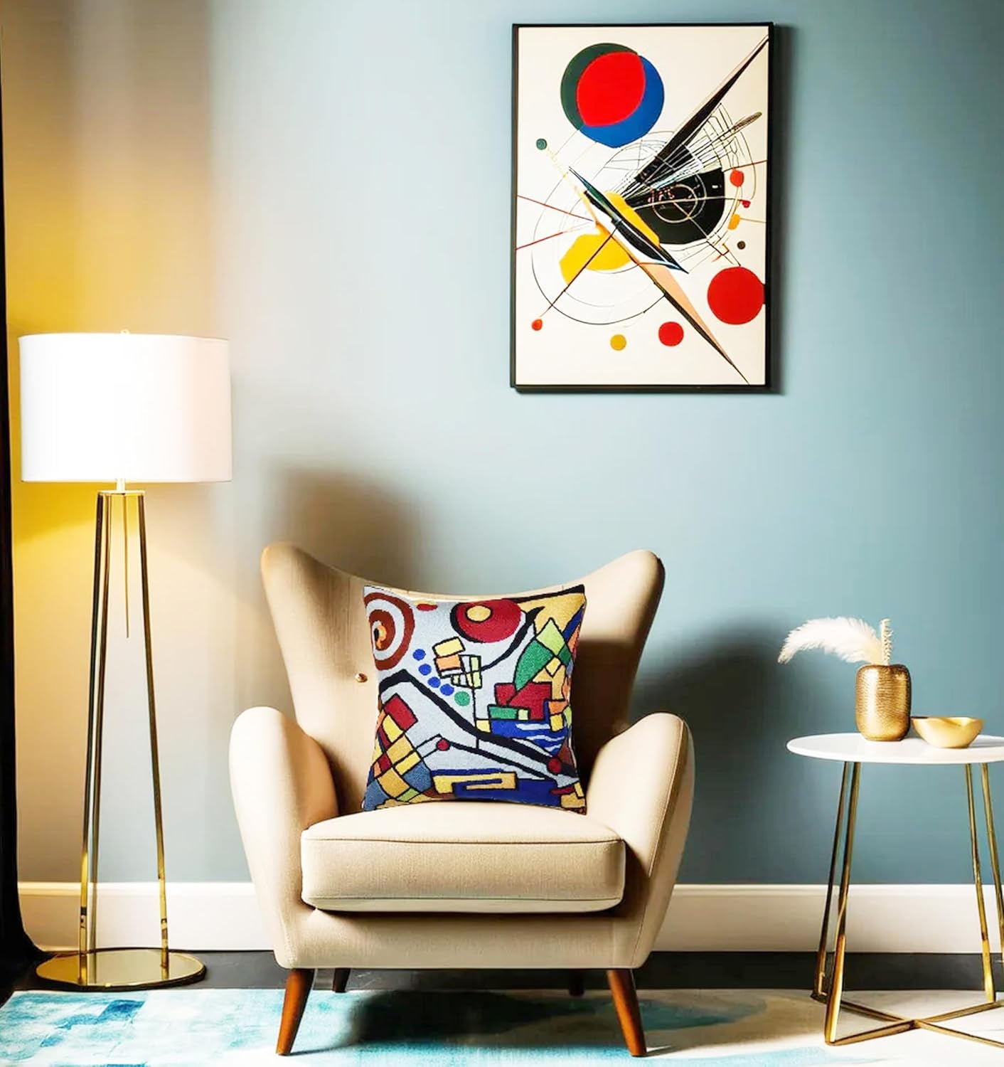 Kandinsky Decorative Pillow Cover Coastal Hand Embroidered Abstract Toss Pillows Farmhouse Chair Cushion Contemporary Pillowsham Mid-Century Chair Cushions Wool Size 18x18