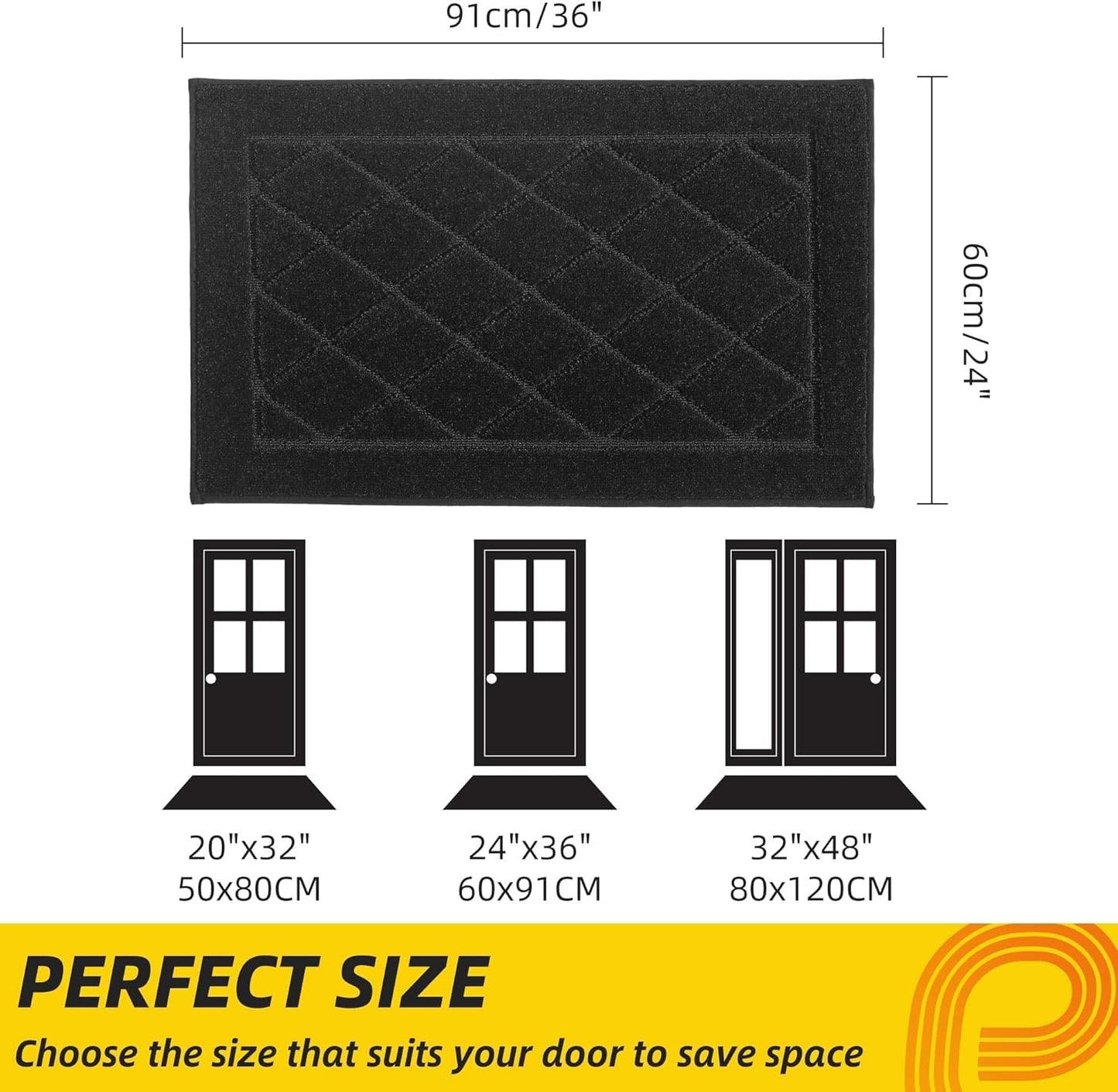 JSEI Dirt Trapper Door Mat 24"x36", Non-Slip Washable Entryway Mats, Dog Door Mat, Stain Resistant and Absorbent Floor Mats, Low Profile Welcome Mat for Front Back Door, Black