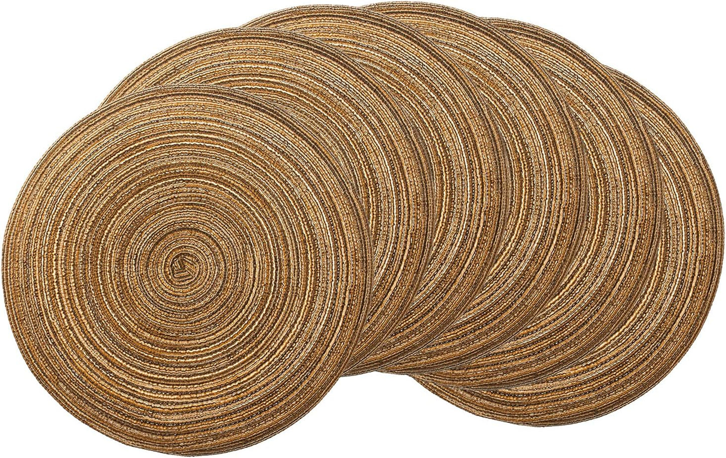 AHHFSMEI Round Braided Placemats Set of 6 Round Table Mats for Dining Tables Natural Woven Heat Resistant Place mats 15 Inch (Brown)