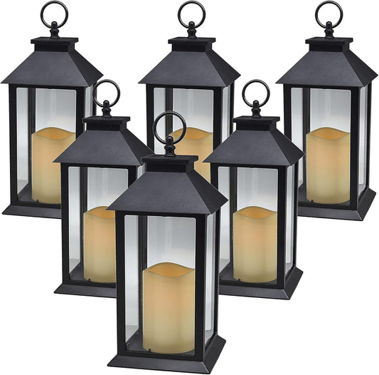 Hanging Glass Panes Lantern Portable Led Candle Light Operated by 3AAA Battery Use for Garden Yard, Indoor & Christmas Day Decoration etc,Pack of 6(Black)
