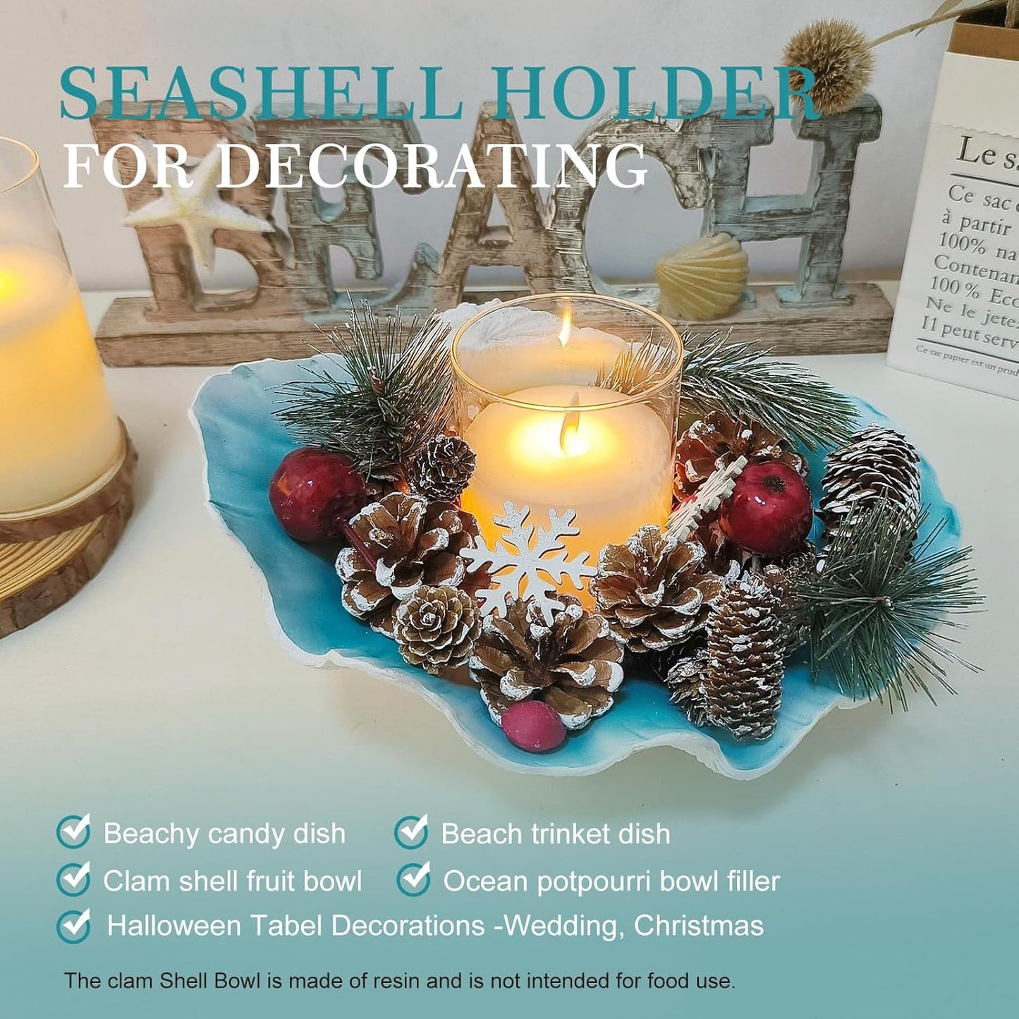 Large Turquoise-Aqua blue Sea Shells Decorative Bowl Resin Clam Shell Bowl Beach Decorations for Home Coastal Beach Decor Decoration Storage Bowls & Home Office Nautical Themed Party Decor -10.2-1PC