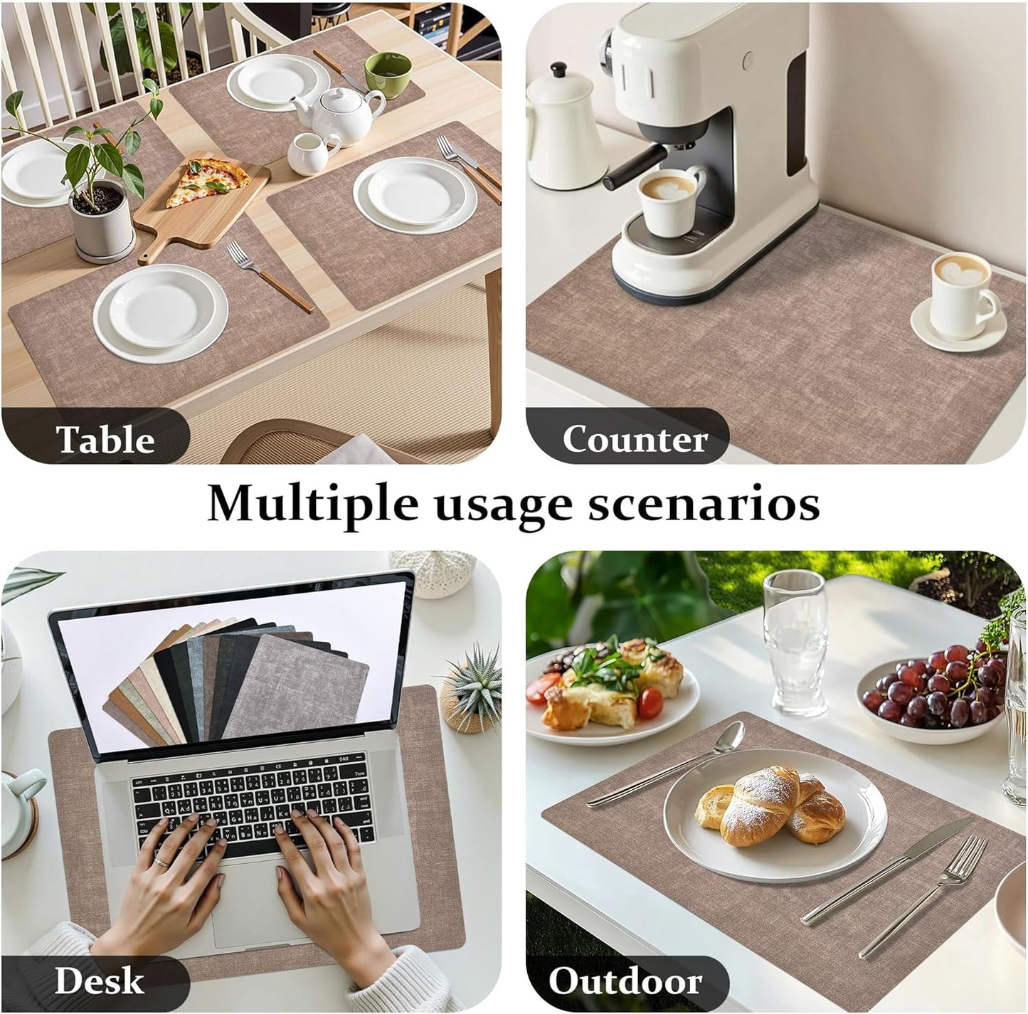 FROMHEART Faux Leather Placemats Set of 4–Waterproof,Heat/Oil Stain-Resistant PU Table Mat–Reversible,Non-Slip,Easy to Clean Place Mats for Kitchen,Dining,Indoor/Outdoor,(Dark Coffee,11.8" x 17")