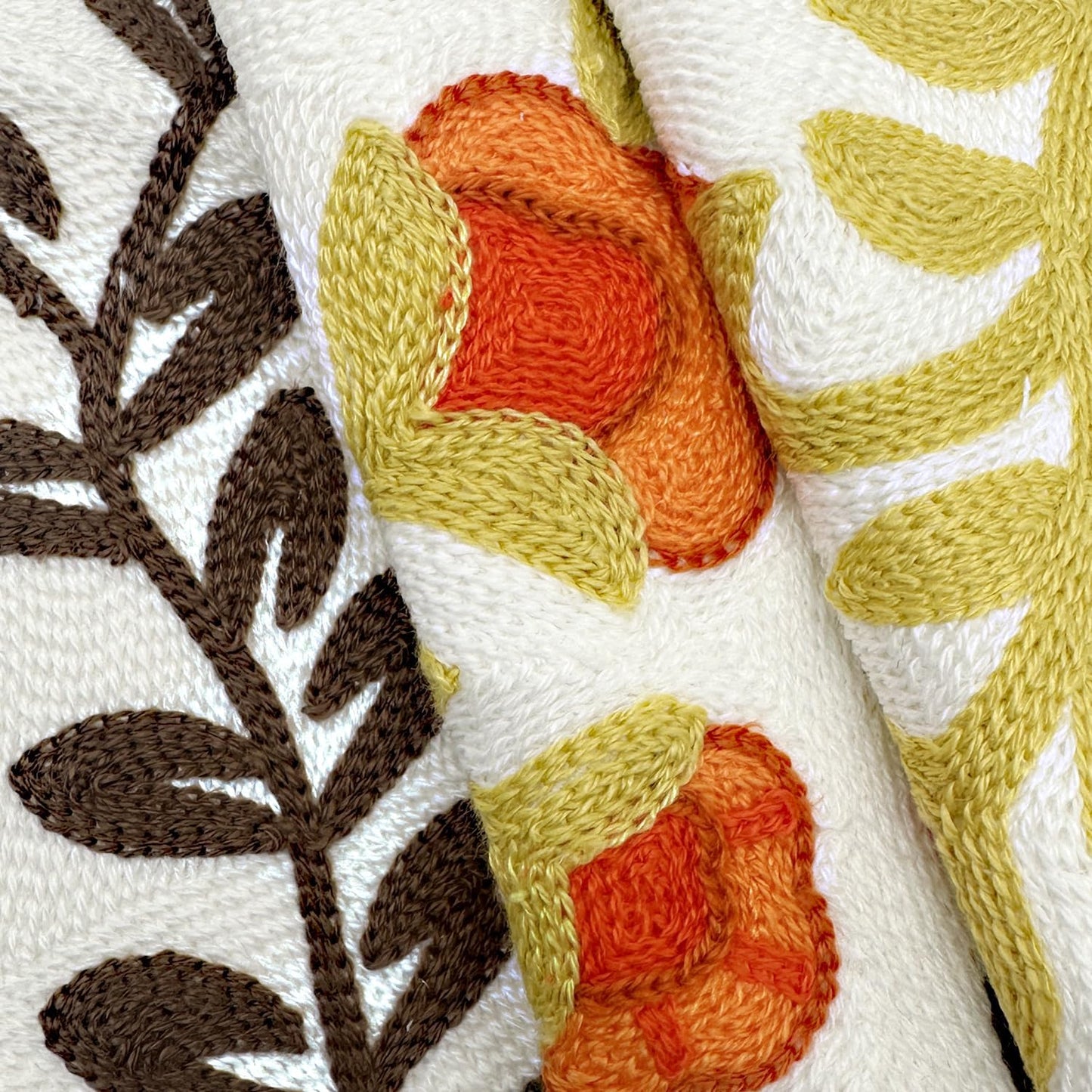 Alysheer Floral Embroidered Fall Decorative Throw Pillow Cover 18"x 18", Farmhouse Cottage Orange Flowers Brown Leaves Knit Pattern Cotton Canvas Cushion Case for Sofa Couch Bed Living Room Decor