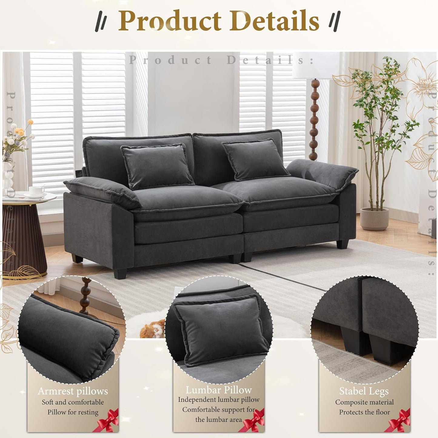 URRED Modular Sectional Sofa Comfy Cloud Couch, Modern Velvet Sofa Sleeper Deep Seat Couches with Ottoman/Pillows for Living Room (Dark Gray, 82.6'')