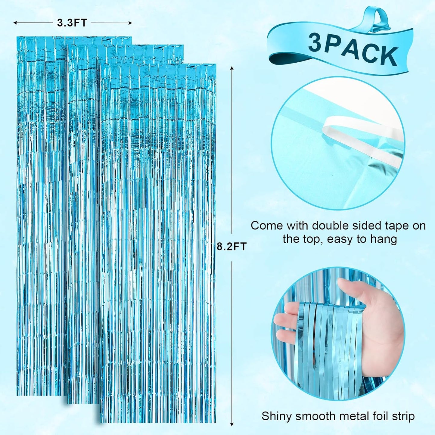 3 Pack 3.3x8.2 Feet Light Blue Foil Fringe Backdrop Curtains, Tinsel Streamers Birthday Party Decorations, Fringe Backdrop for Graduation, Baby Shower, Gender Reveal, Disco Party