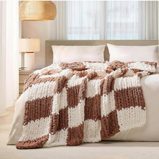L'AGRATY Chunky Knit Blanket Throw: 60''x80'' Chenille Chunky Knitted Throw Blankets for Twin Bed Couch - Handmade Thick Cable Knit Blanket - Large Crochet Blankets for Home Decor(Brown Checkered)