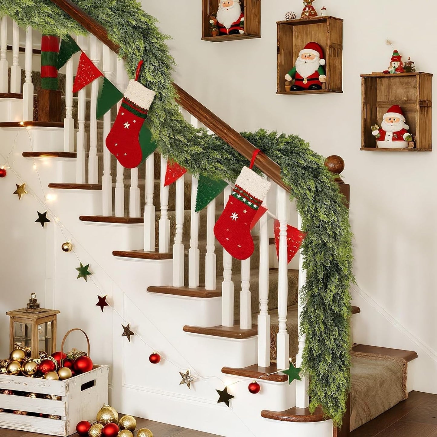 Real Touch Cedar Garland - Artificial Christmas Garlands Faux Green Cedar Fake Pine Needles Garland for Fireplace,Table, Stairs, Mantle, Window,Indoor Outdoor,Home,Holiday Decor(2 PCS,9 FT)