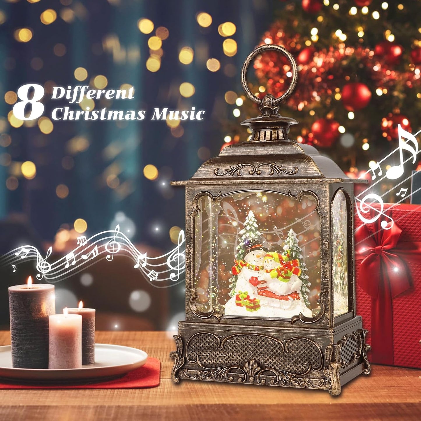 Christmas Snow Globes,Christmas Decorations for Home,with 6 Hour Timer,Musical Snow Globe,Battery Or USB Powered,Christmas Lantern,Christmas Festival Decor, Snowman Skiing