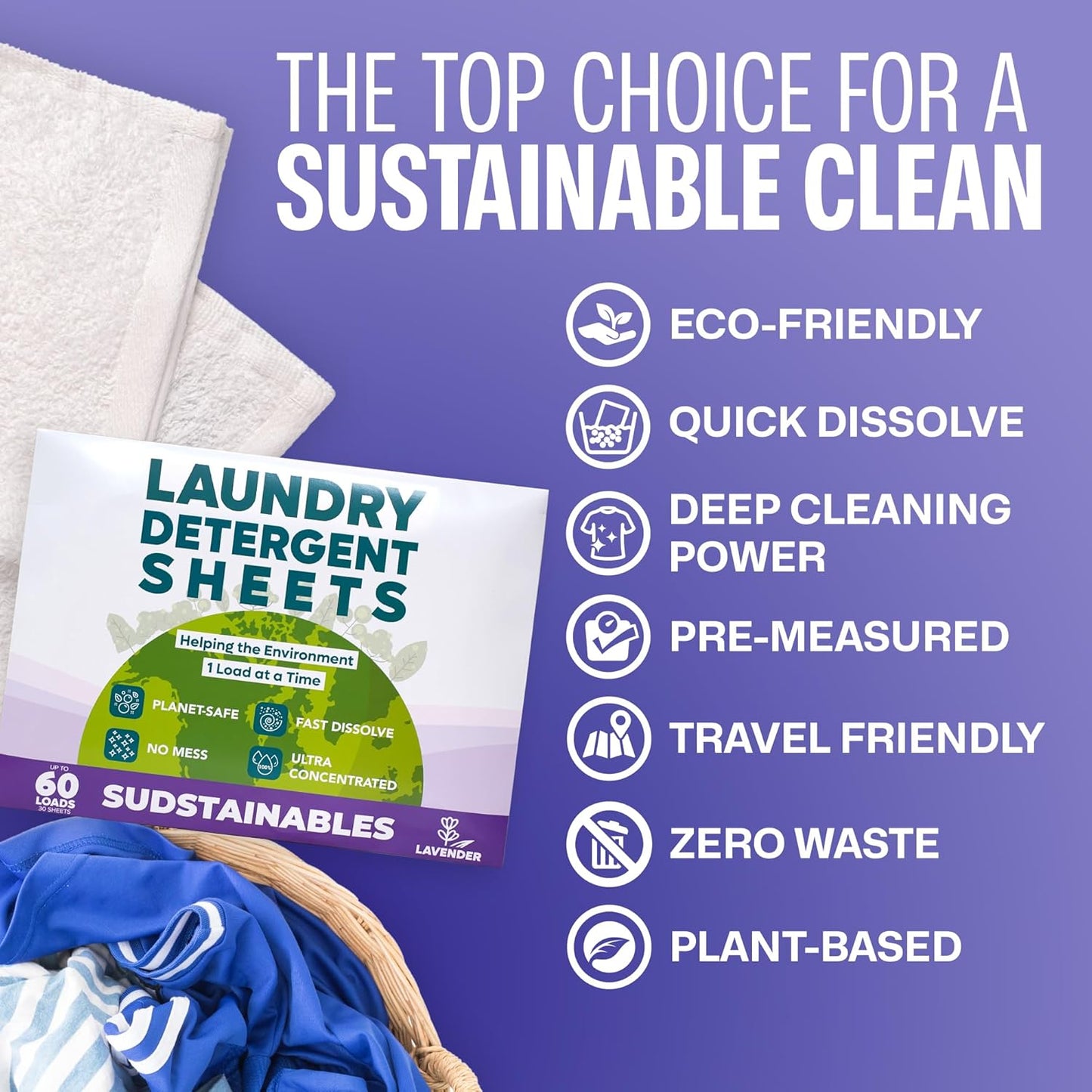 Sudstainables Laundry Detergent Sheets (60 Loads) – Eco-Friendly, Zero Waste, Plastic-Free Laundry Washing Machines Soap Sheets; Dissolvable, Space-Saving Strips for Travel (Lavender)