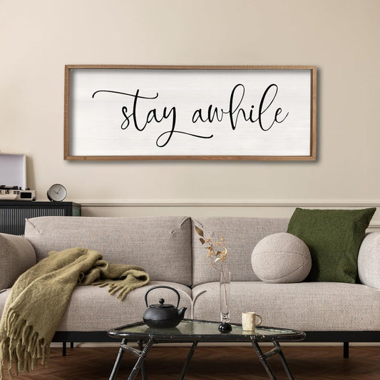 Stay Awhile Sign Wall Decor Sign 40"X15" Large Living Room Entryway Wood Framed Rustic Wall Decor for Vintage Farmhouse Foyer Hanging Lets Stay Home Wall Art (Wood)