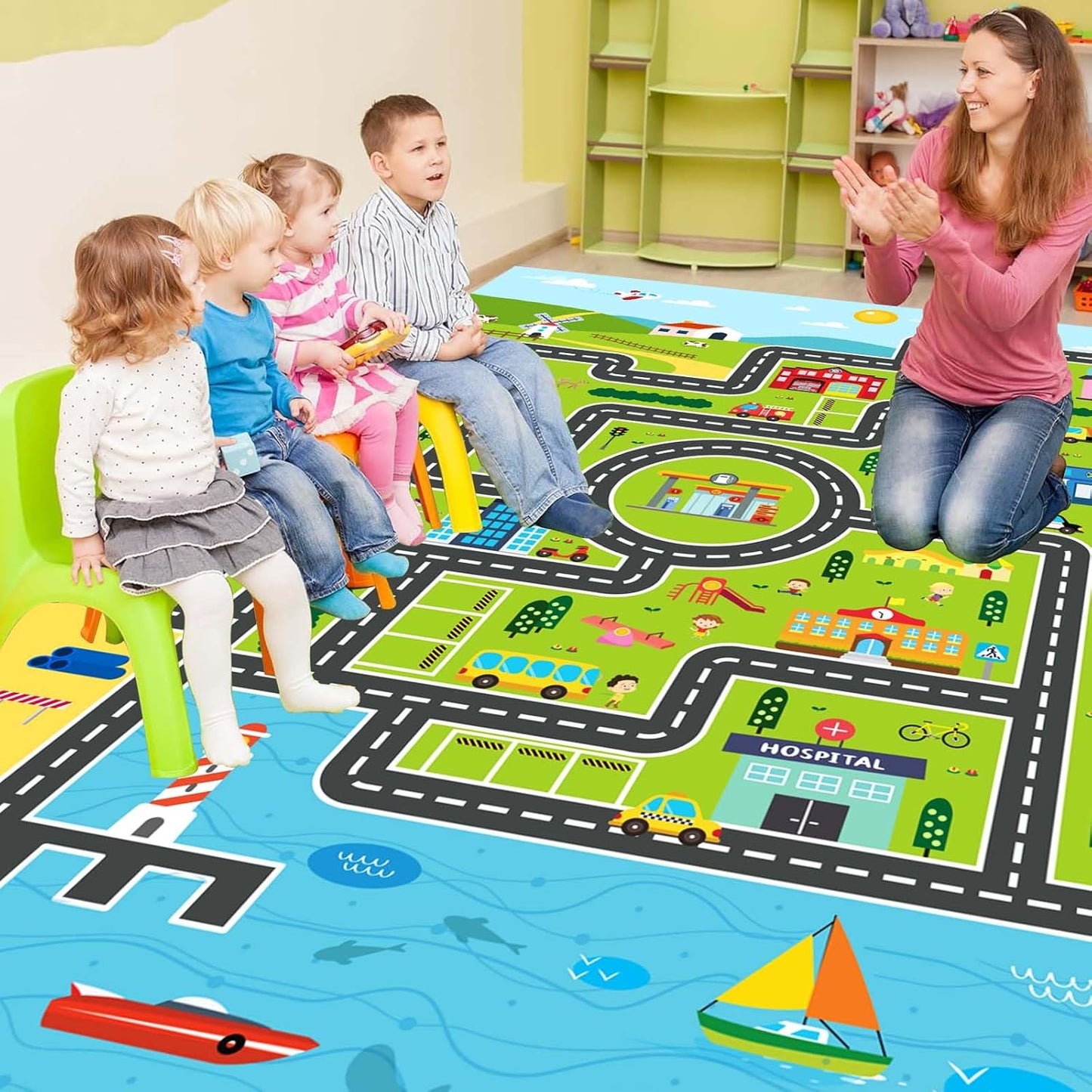 Kids Rug Playroom Car Rug Play Mat City Life Road Rugs Fun City Map for Kids Toy Cars Carpet for Bedroom Boys (Green-Rug, 6.6x9.8ft)