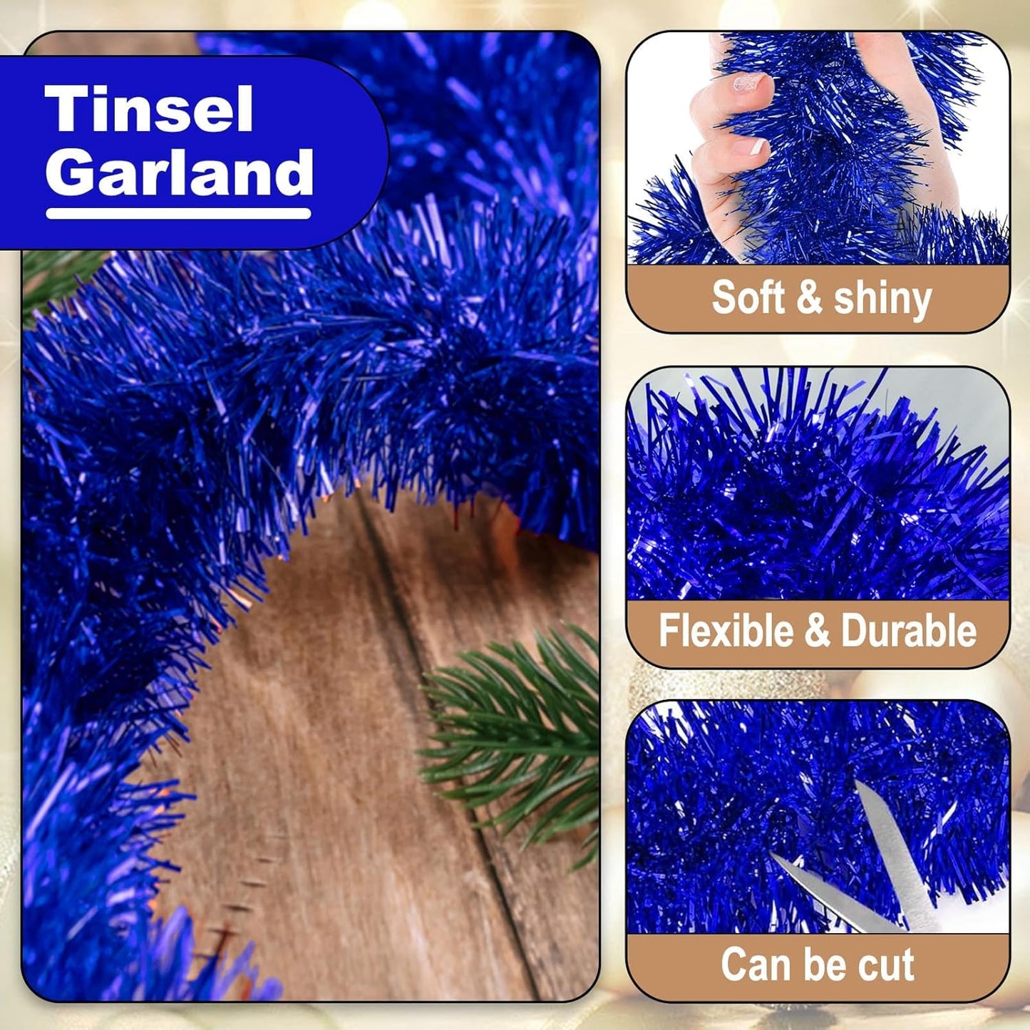 50 Feet Metallic Twist Tinsel Garland Backdrop for Parade Floats, Christmas Eve, New Year, Valentine's Day Party Decorations (Blue, 2in x 50ft)