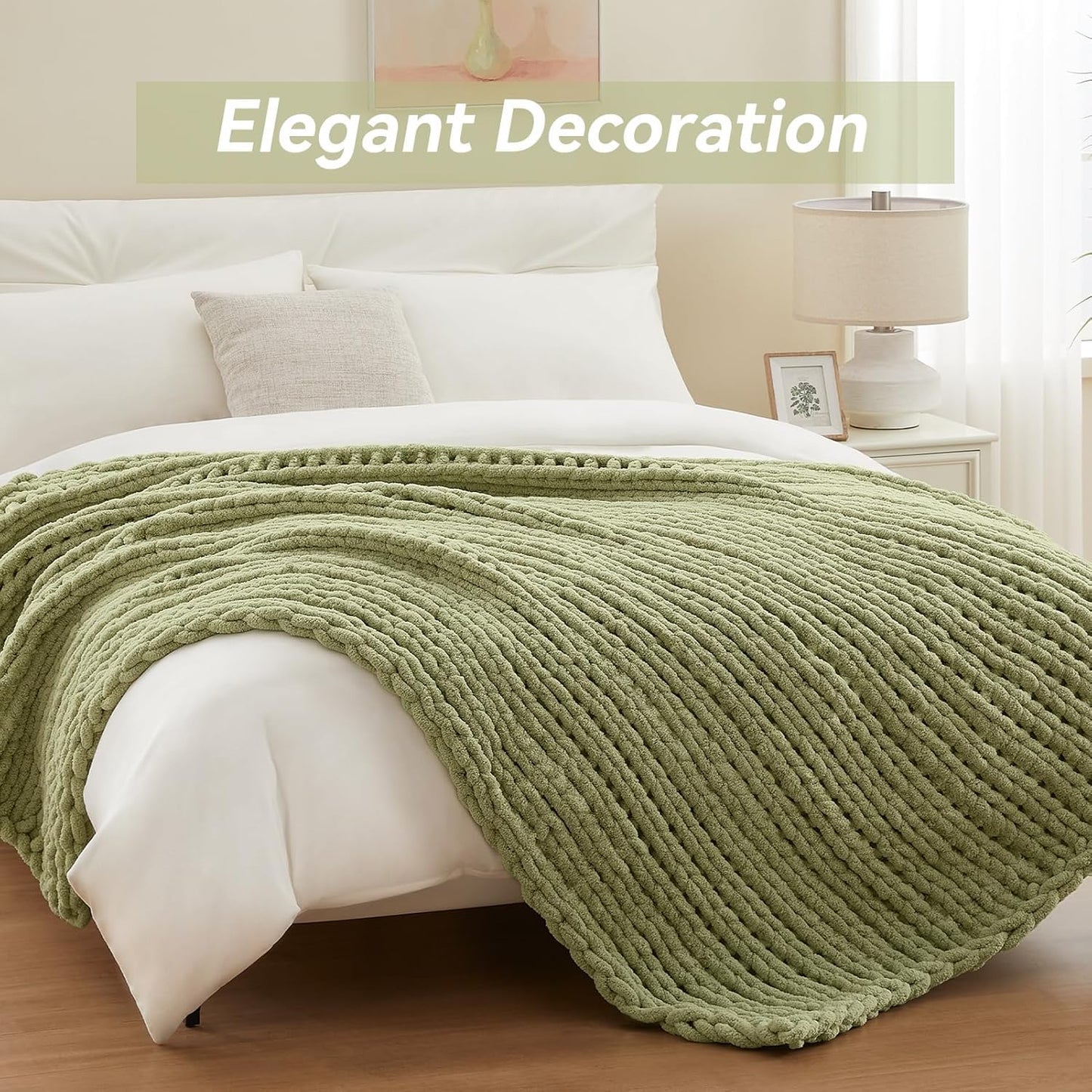 Chunky Knit Throw Blanket, 40''*50'' Knitted Throw Chenille Yarn for Bed Couch, Handmade Light Green Crochet Big Thick Blanket, Machine Washable Cute Comfy Blanket for Home Decor