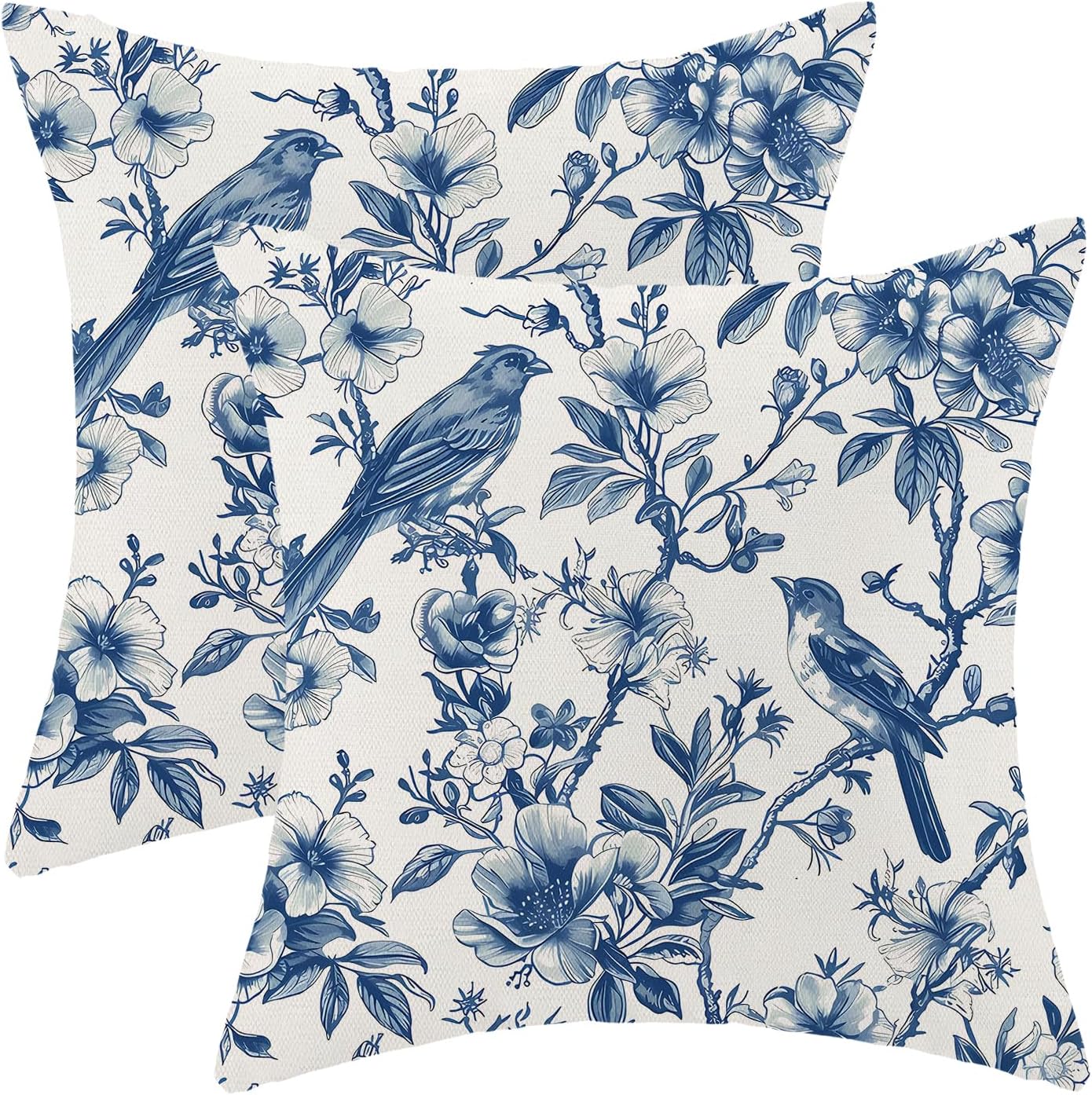 Navy Blue Spring Floral Pillow Covers 18 x 18 Inch Set of 2 for Chinoiserie Vintage Flowers Bird Decor Throw Pillows Plant Farmhouse Outdoor Decorative Cushion Cases for Couch Bed Decorations