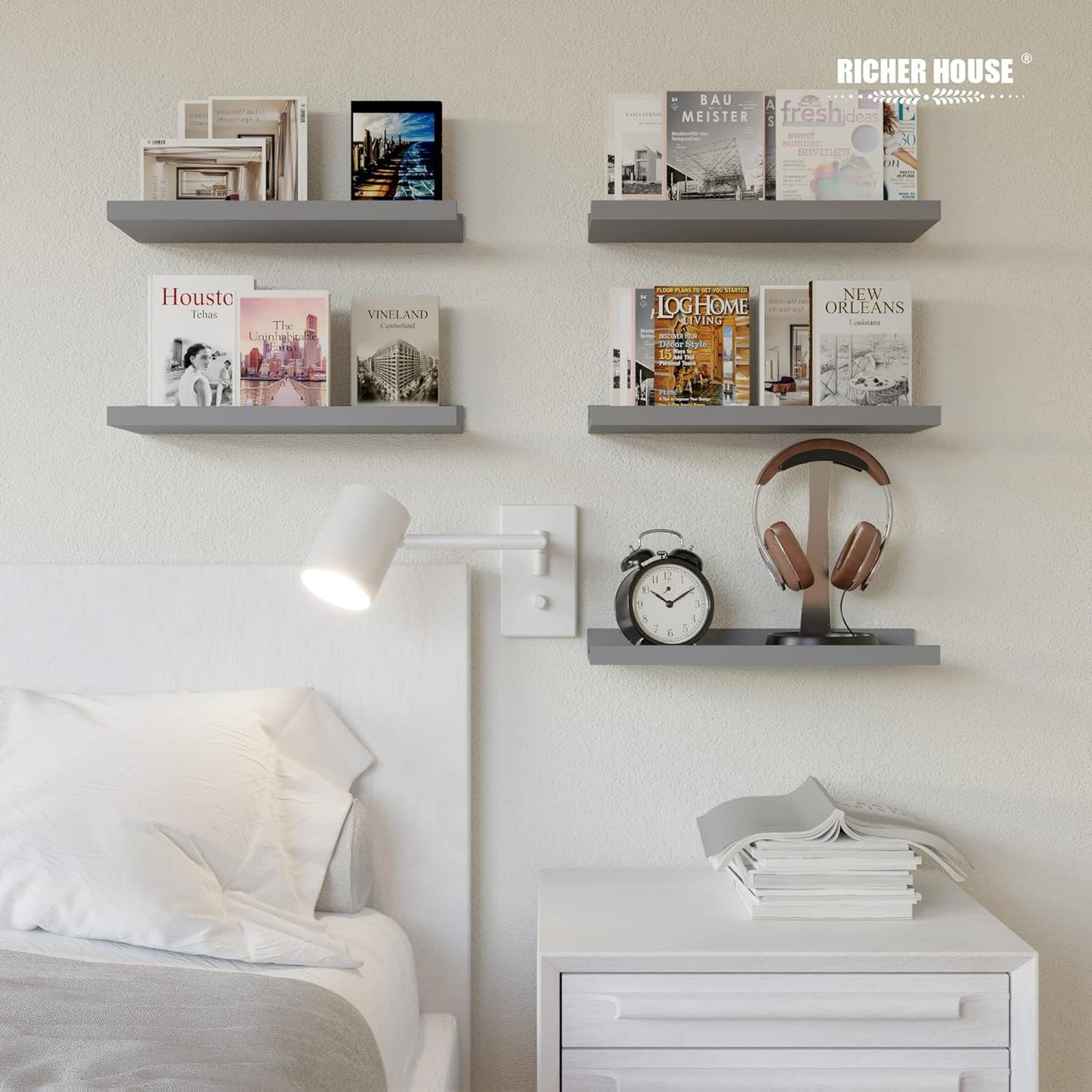 RICHER HOUSE Mounted Shelves for Wall Decor, Modern Picture Ledge Shelf with Lip for Wall Storage Nursery, Bedroom, Living Room, Bathroom - Grey