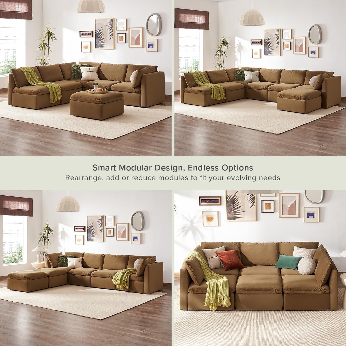 mopio Oversized Modular Sectional Sofa with Fully Removable Covers and Storage, Convertible U & L Shaped Sectionals, Modern Cloud Couch with Ottoman Chaise (Hazelnut Velvet, 6 Seats, L)