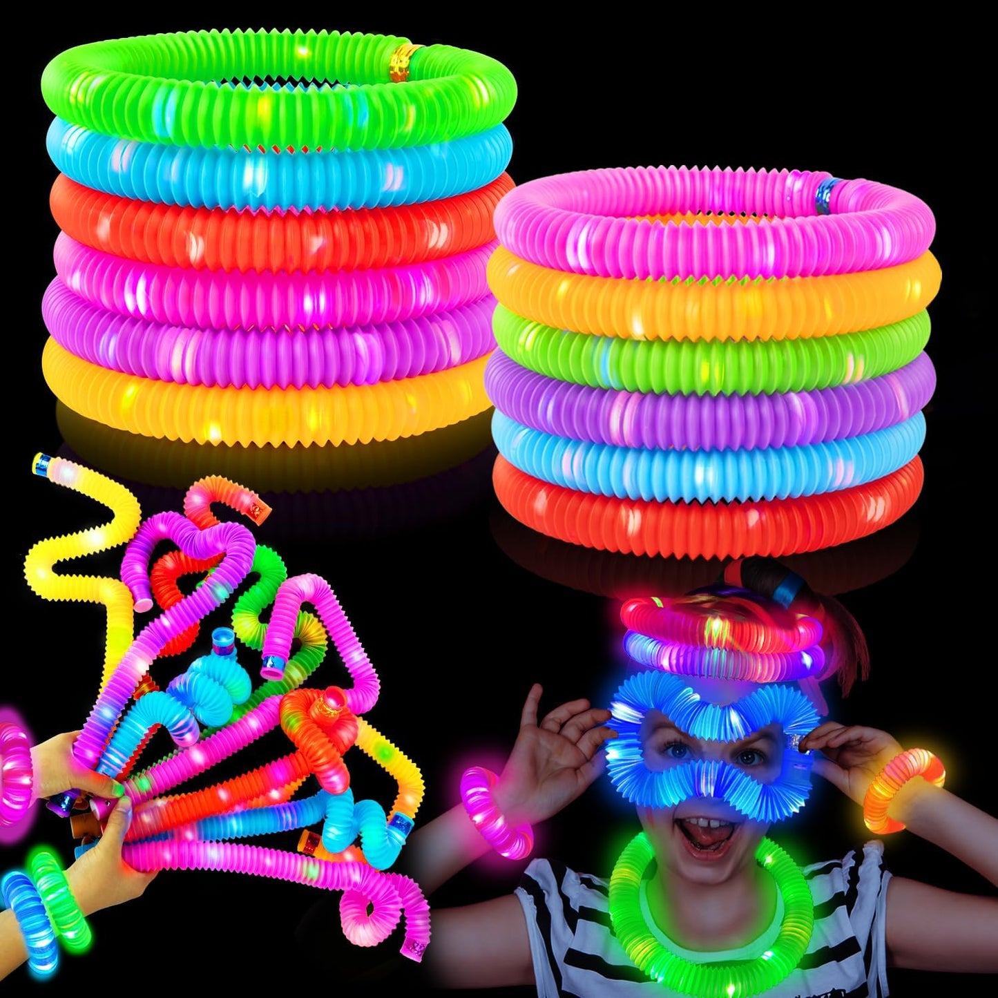 24 PCS Light Up Party Favors Supplies for Kids 4-8-12,Bulk Glow Sticks Bracelet Necklace Accessories for Toddlers,Birthday Return Gifts Treats Non Candy,Halloween Goodie Bag Stuffers for Boys Girls