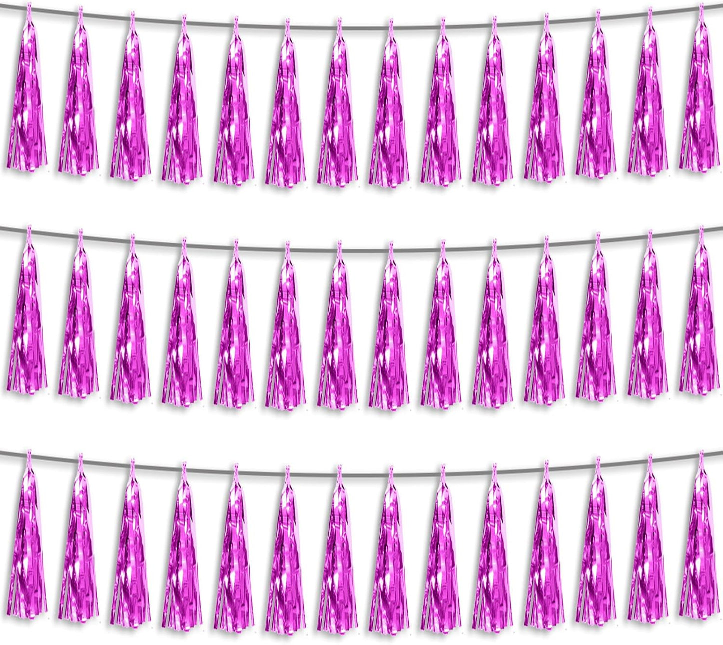 3P Fuchsia Foil Fringe Metallic Tassel Streamers Banner Tassel Garland for Parade Floats, Bachelorette, Wedding, Birthday, Halloween, Christmas, Bridal/Baby Shower Party Decorations