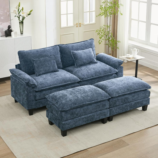 URRED Modular Sectional Sofa Comfy Cloud Couch, Modern Chenille Sofa Sleeper Deep Seat Couches with Ottoman/Pillows for Living Room (Blue, 82.6''- 2 Ottomans)
