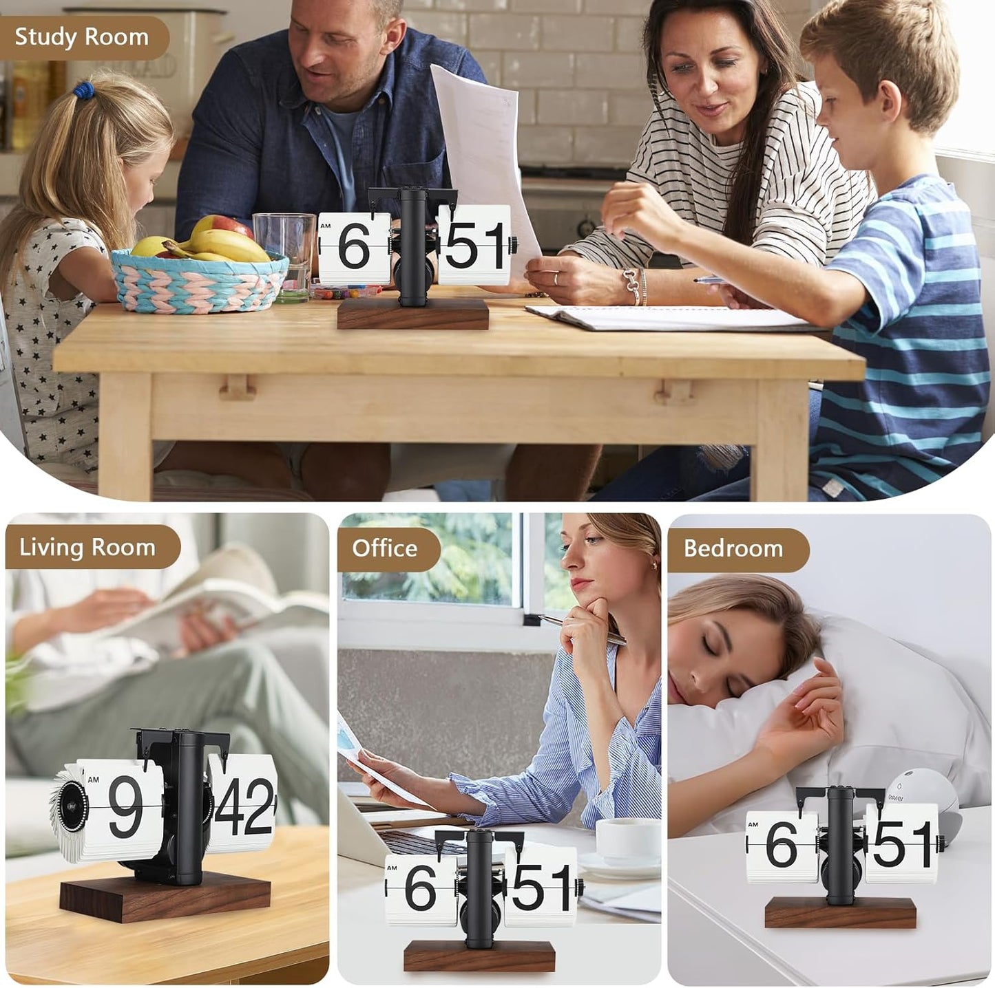 Flip Desk Clock, Retro Vintage Flip Desk Table Clock, Digital Sided Large Numbers Mechanical Flip Clock Wood Base for Living Room, Study Room and Office（Black）