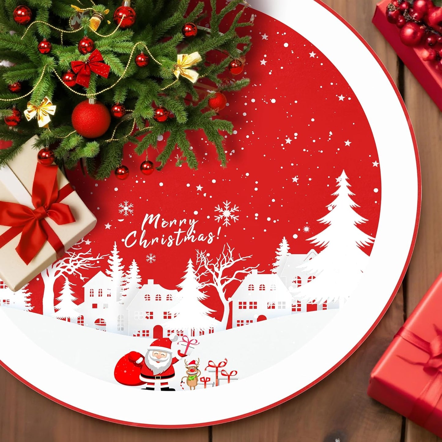 Christmas Tree Skirt 48 Inches Red Xmas Soft Cover Mat Decor Retro Xmas Tree Skirt for New Year Holiday Ornaments Indoor Outdoor Decorations (Merry Chrismas)