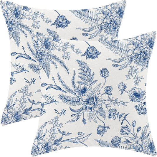 CXMEIFLY Spring Floral Leaves Pillow Covers 16 x 16 Inch Set of 2 for Chinoiserie Flowers Decor Throw Pillows Blue and White Seasonal Plant Outdoor Decorative Cushion Cases for Couch Bed Decorations